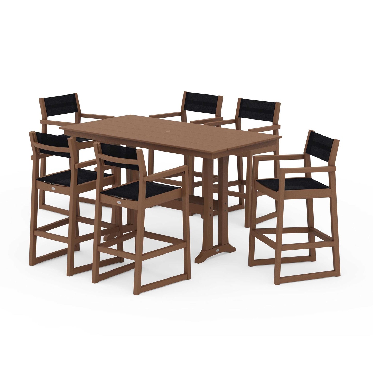 POLYWOOD EDGE Sling Arm Chair 7-Piece Farmhouse Bar Set with Trestle Legs — Teak / Black Sling