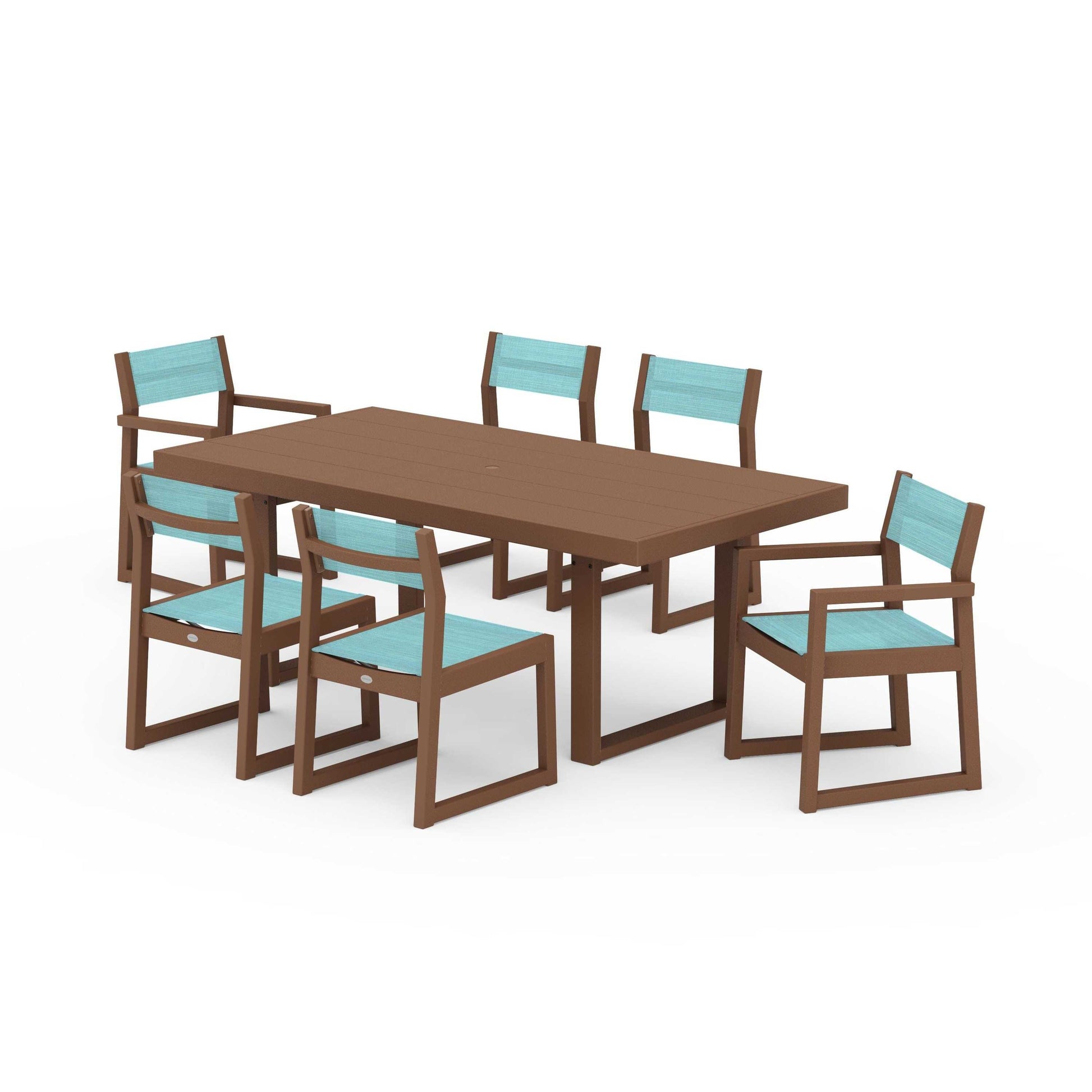 POLYWOOD EDGE Sling 7-Piece Dining Set — Teak / Dupioni Aquamarine Sling