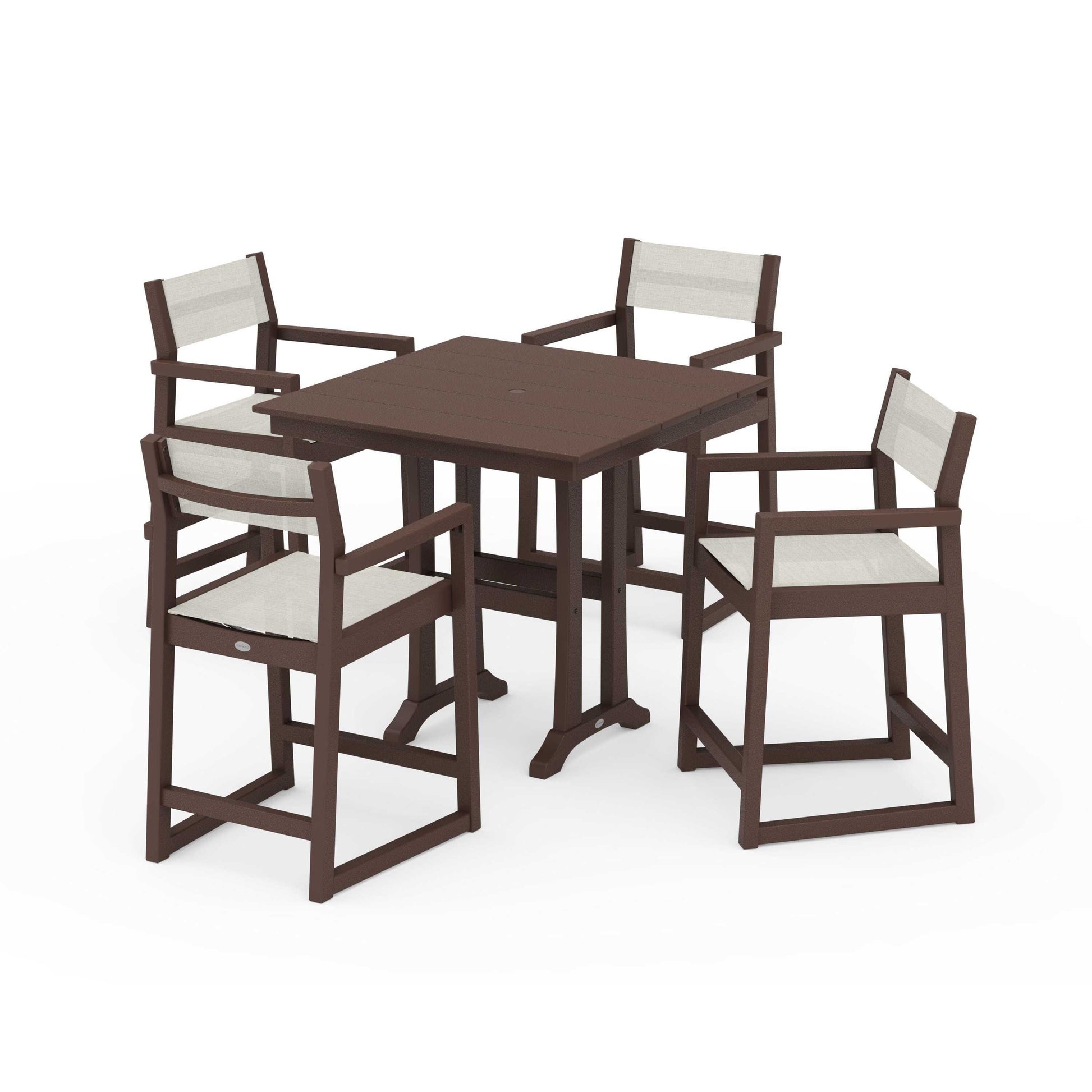 POLYWOOD EDGE Sling Arm Chair 5-Piece Farmhouse Counter Set with Trestle Legs — Mahogany / Parchment Sling