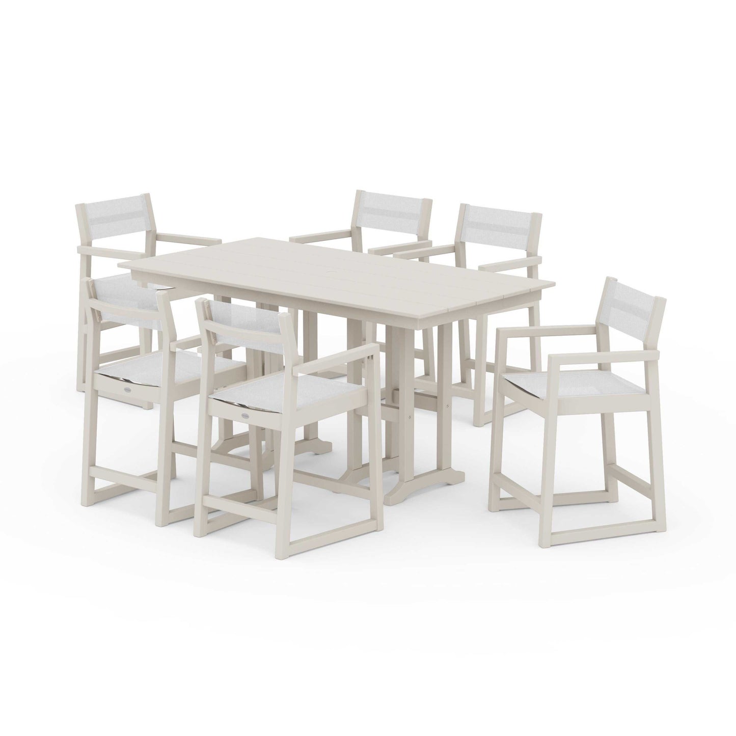 POLYWOOD EDGE Sling Arm Chair 7-Piece Farmhouse Counter Set — Sand / White Sling