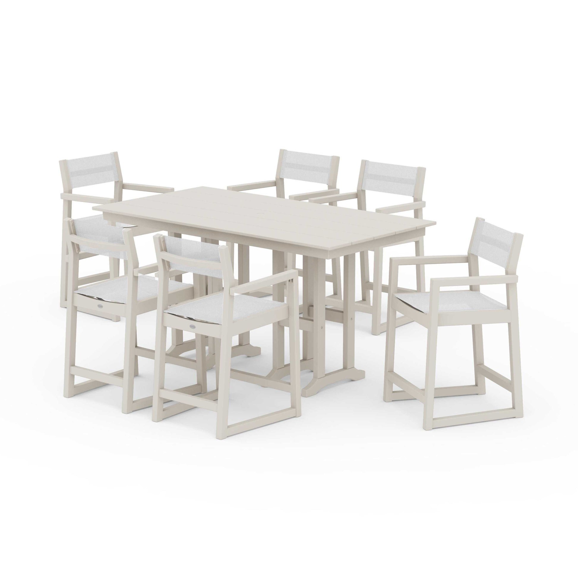 POLYWOOD EDGE Sling Arm Chair 7-Piece Farmhouse Counter Set — Sand / White Sling