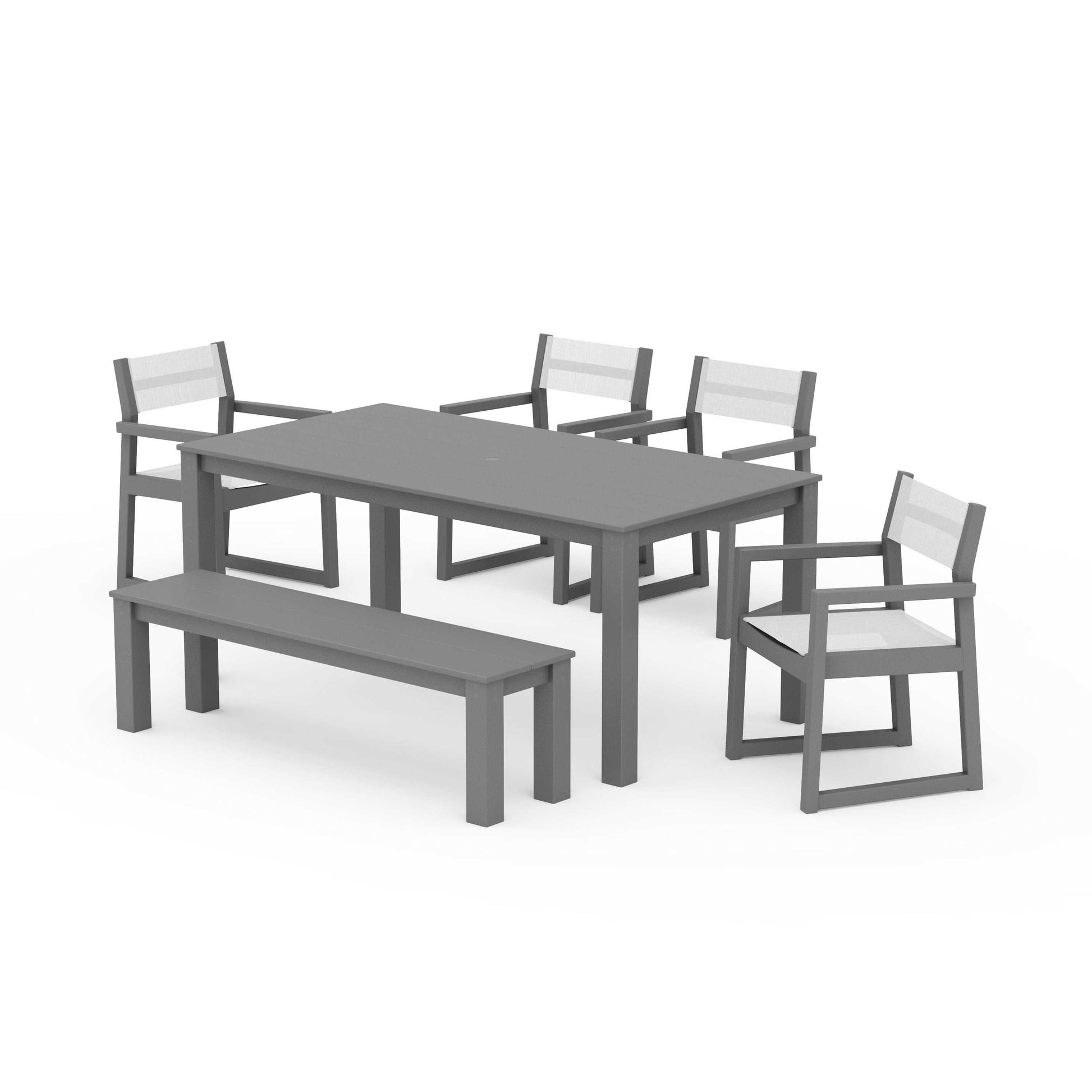 POLYWOOD EDGE Sling Arm Chair 6-Piece Parsons Dining Set with Bench — Slate Grey / White Sling