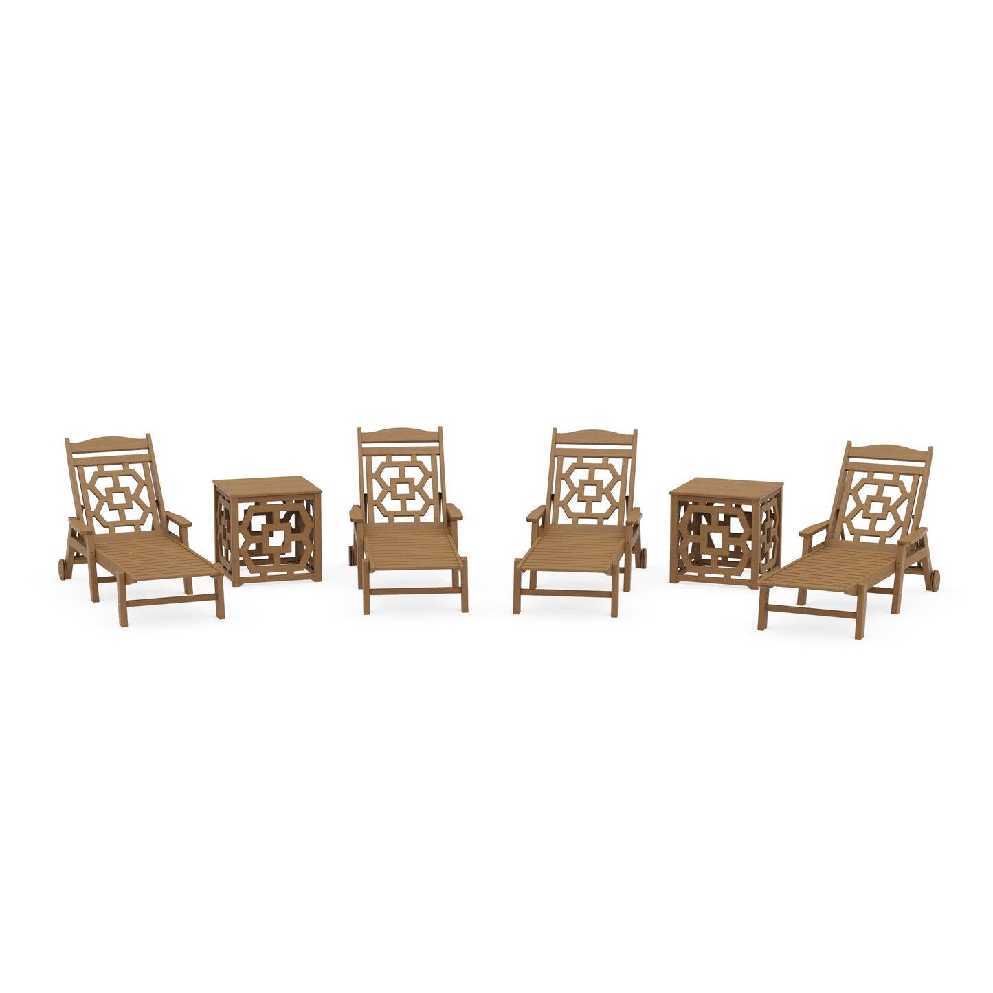 POLYWOOD Chinoiserie 6-Piece Chaise Set with Umbrella Stand Accent Table — Natural