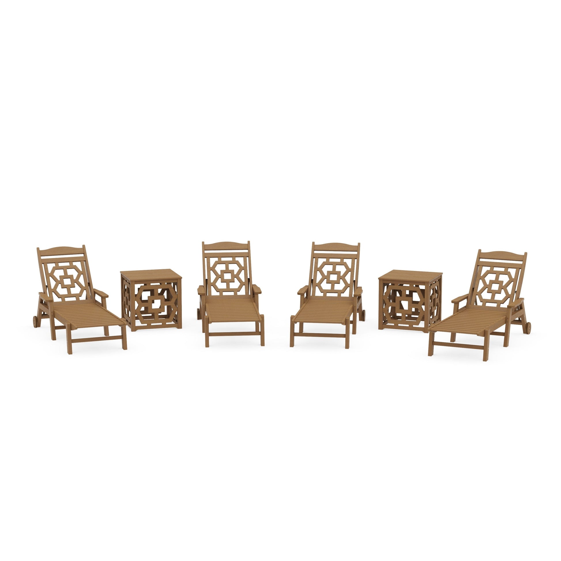POLYWOOD Chinoiserie 6-Piece Chaise Set with Umbrella Stand Accent Table — Natural