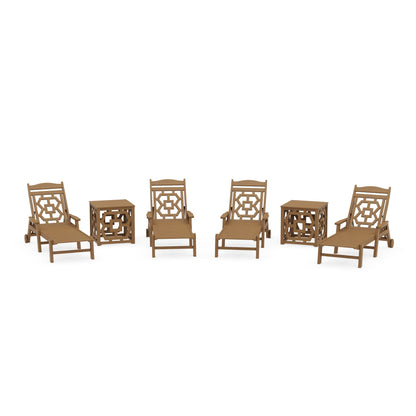 POLYWOOD Chinoiserie 6-Piece Chaise Set with Umbrella Stand Accent Table — Natural
