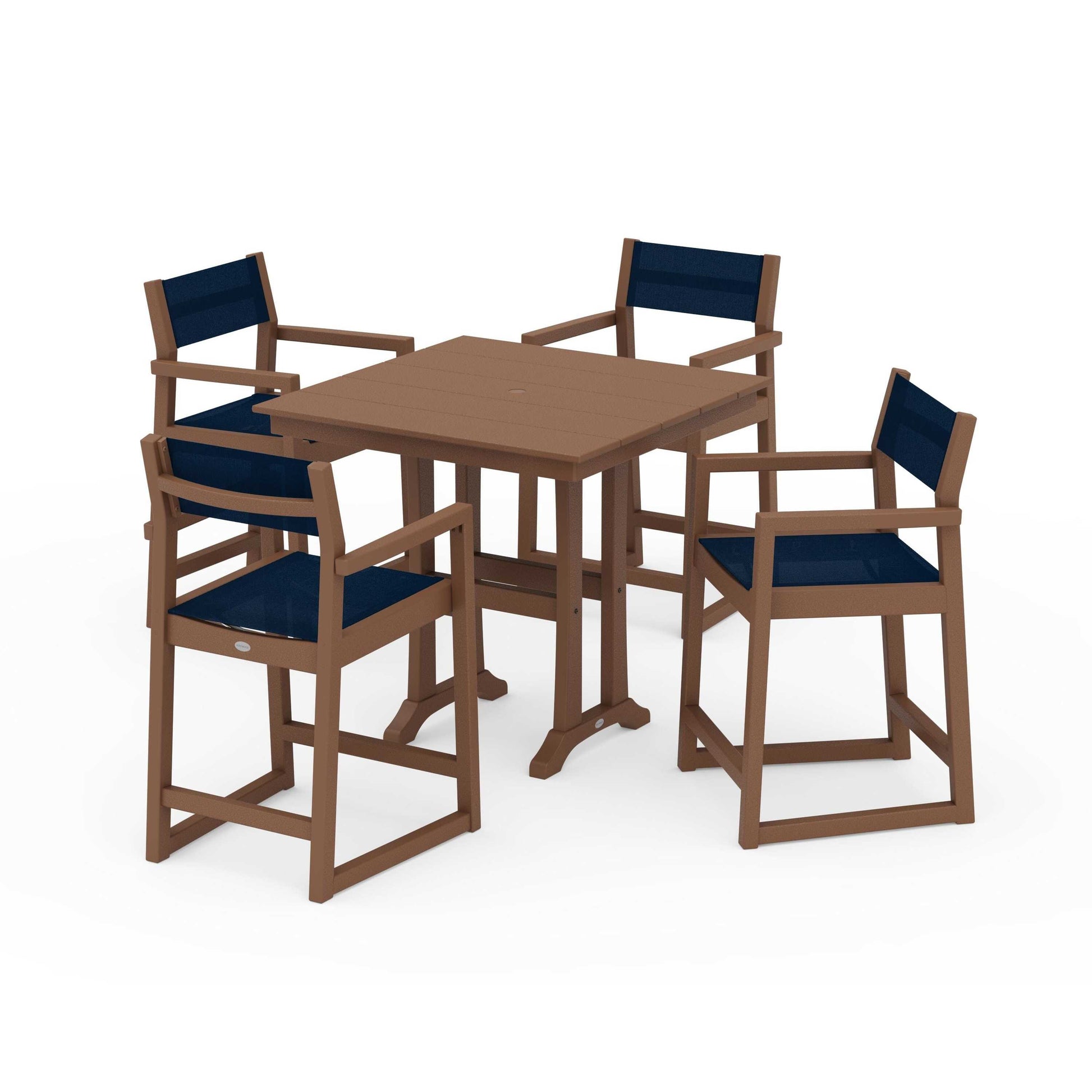 POLYWOOD EDGE Sling Arm Chair 5-Piece Farmhouse Counter Set with Trestle Legs — Teak / Navy Blue Sling