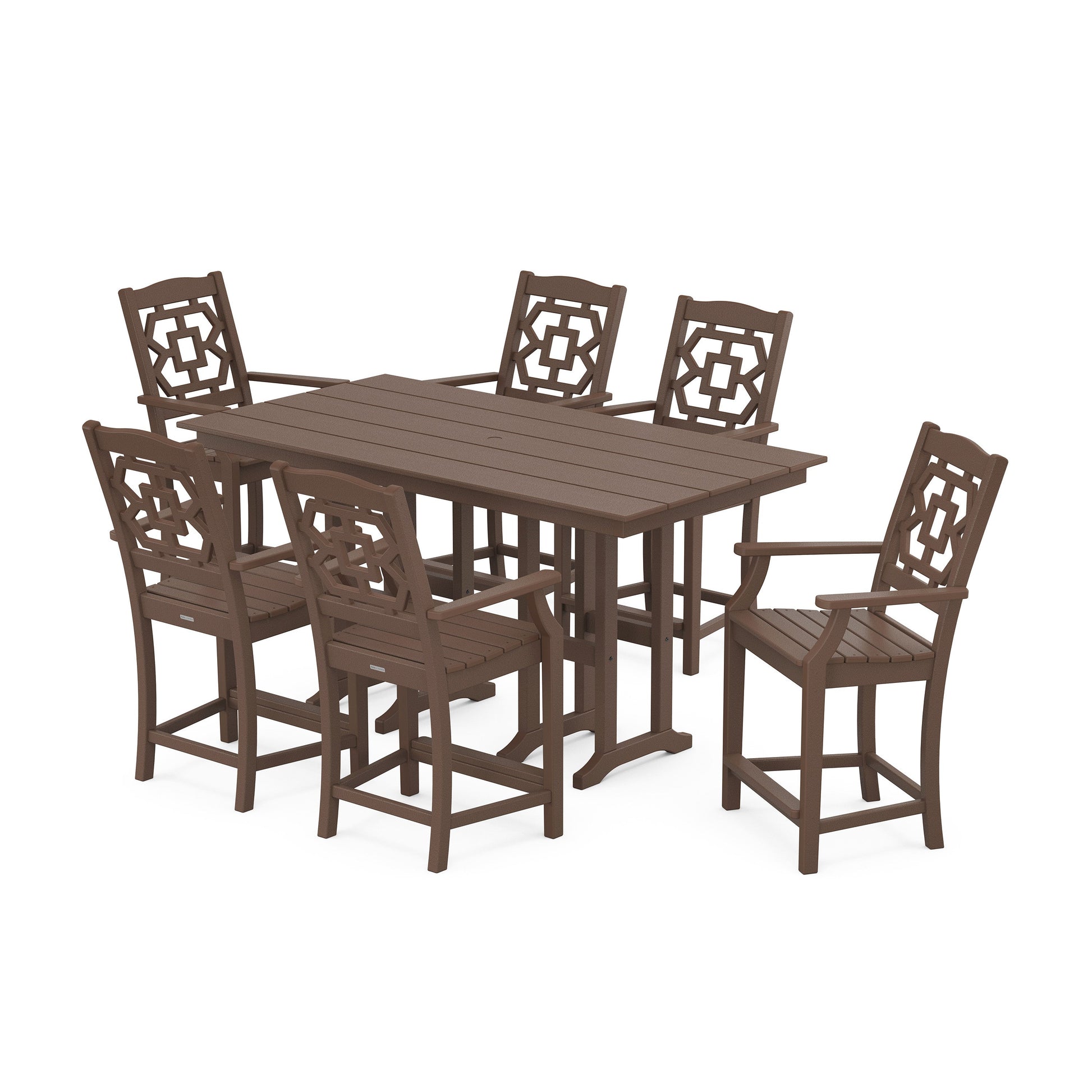 POLYWOOD Chinoiserie Arm Chair 7-Piece Farmhouse Counter Set — Mahogany