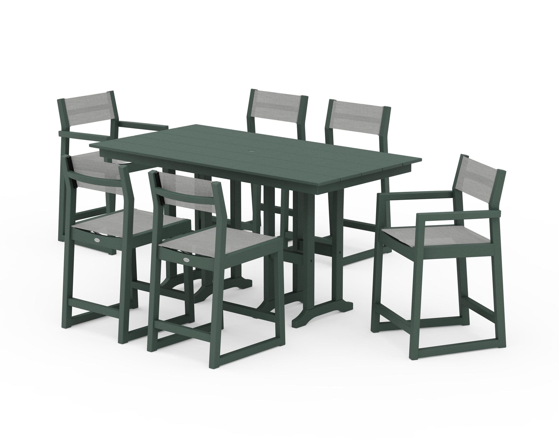 POLYWOOD EDGE Sling 7-Piece Farmhouse Counter Set with Trestle Legs — Green / Metallic Sling