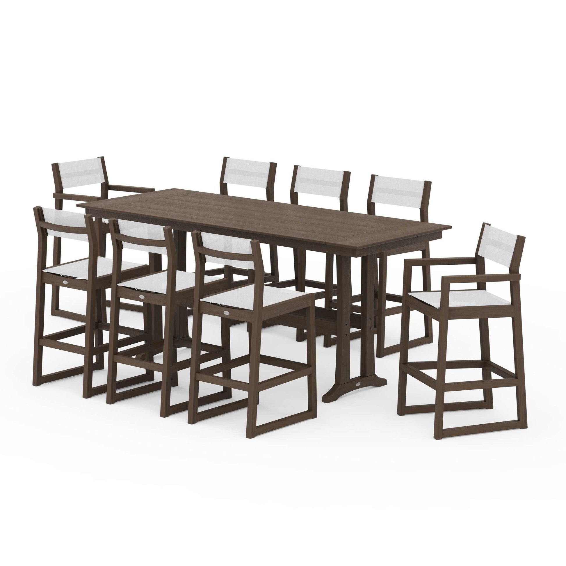 POLYWOOD EDGE Sling 9-Piece Farmhouse Bar Set with Trestle Legs — Kona / White Sling