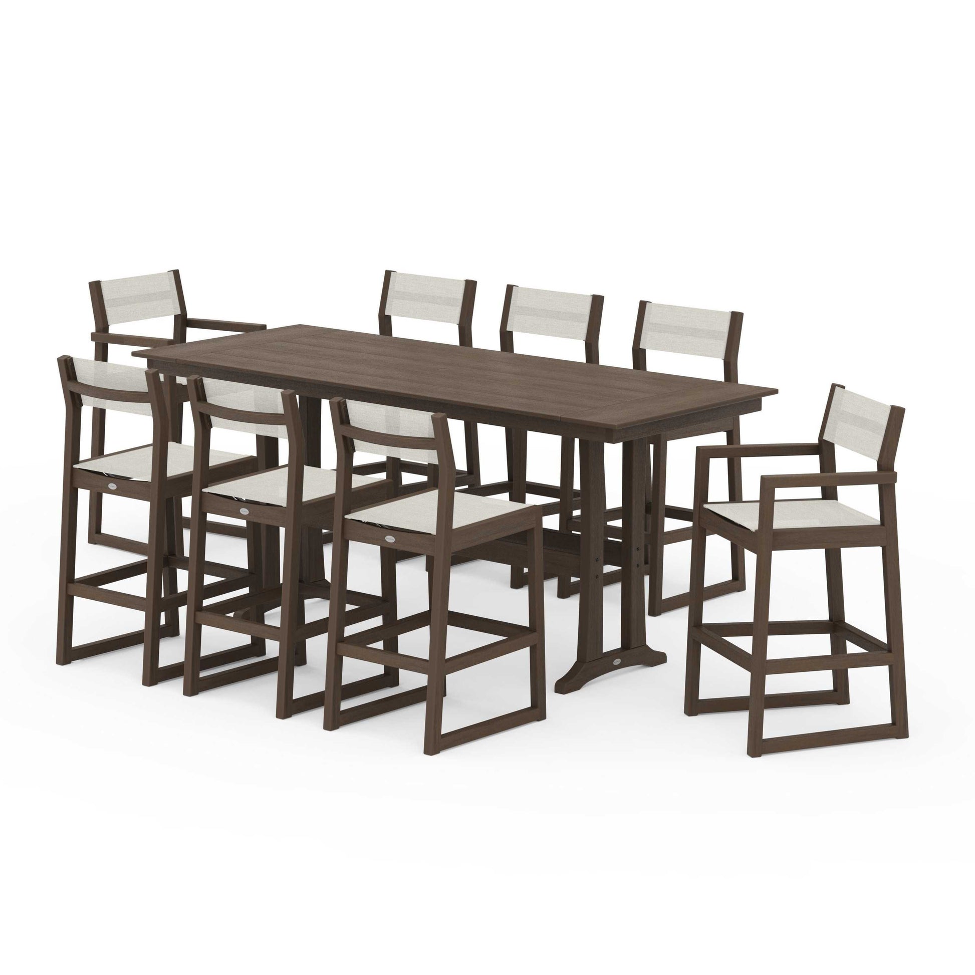 POLYWOOD EDGE Sling 9-Piece Farmhouse Bar Set with Trestle Legs — Kona / Parchment Sling