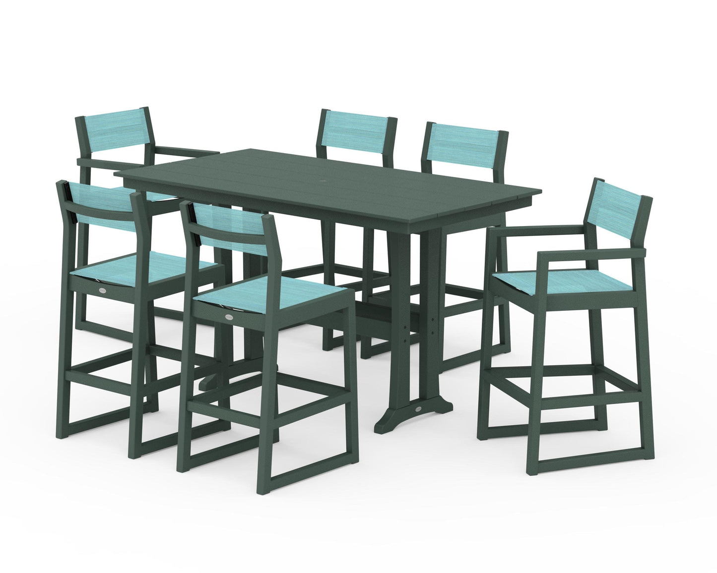 POLYWOOD EDGE Sling 7-Piece Farmhouse Bar Set with Trestle Legs — Green / Dupioni Aquamarine Sling