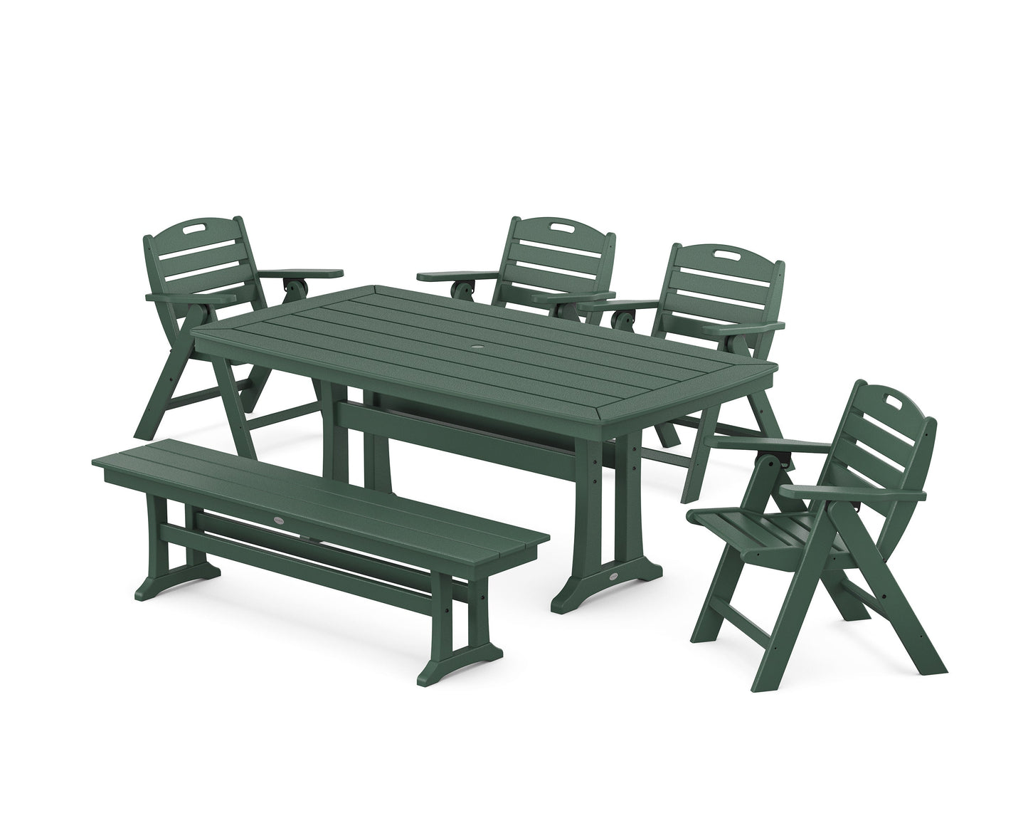 POLYWOOD Nautical Lowback 6-Piece Dining Set with Trestle Legs and Bench — Green