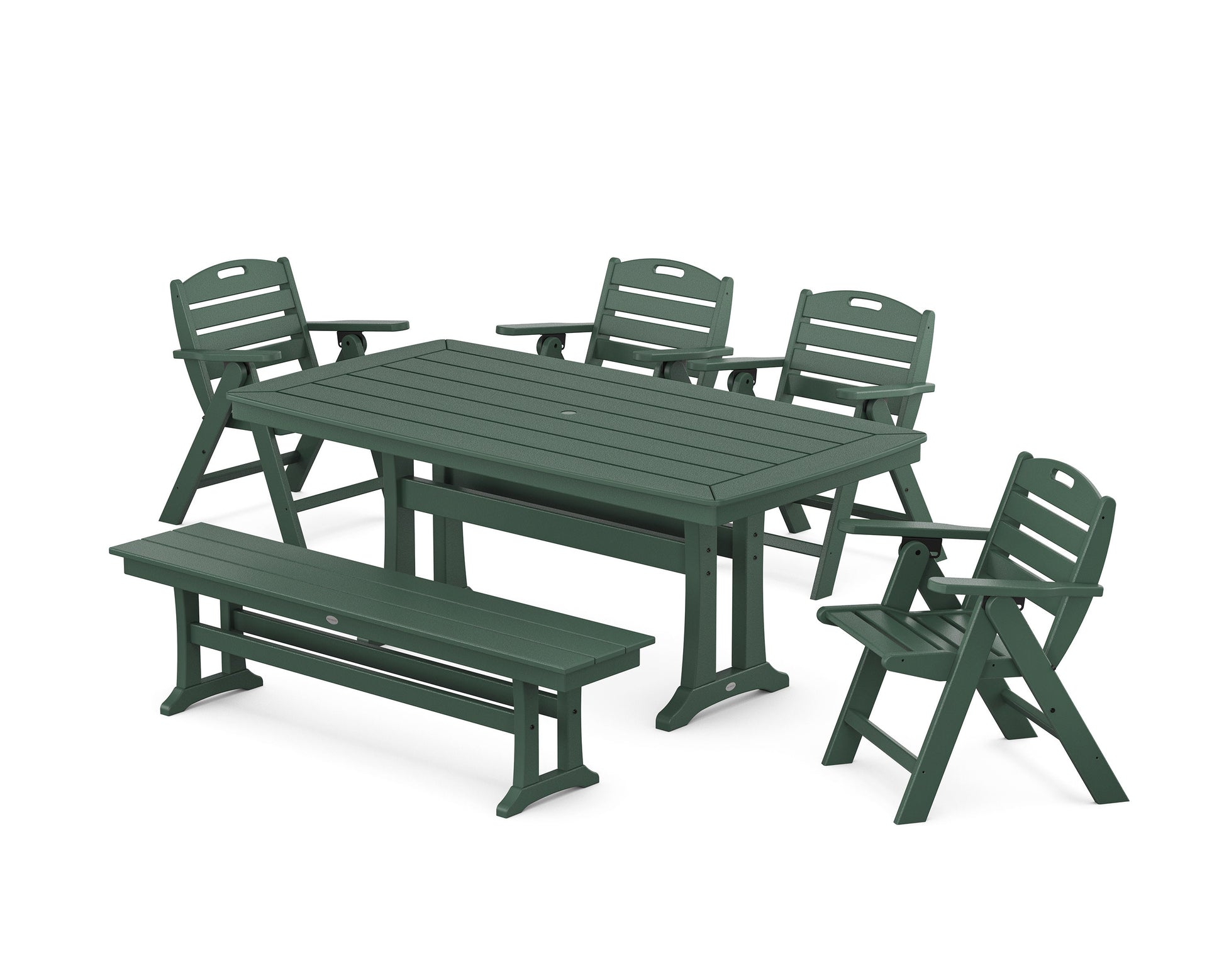 POLYWOOD Nautical Lowback 6-Piece Dining Set with Trestle Legs and Bench — Green