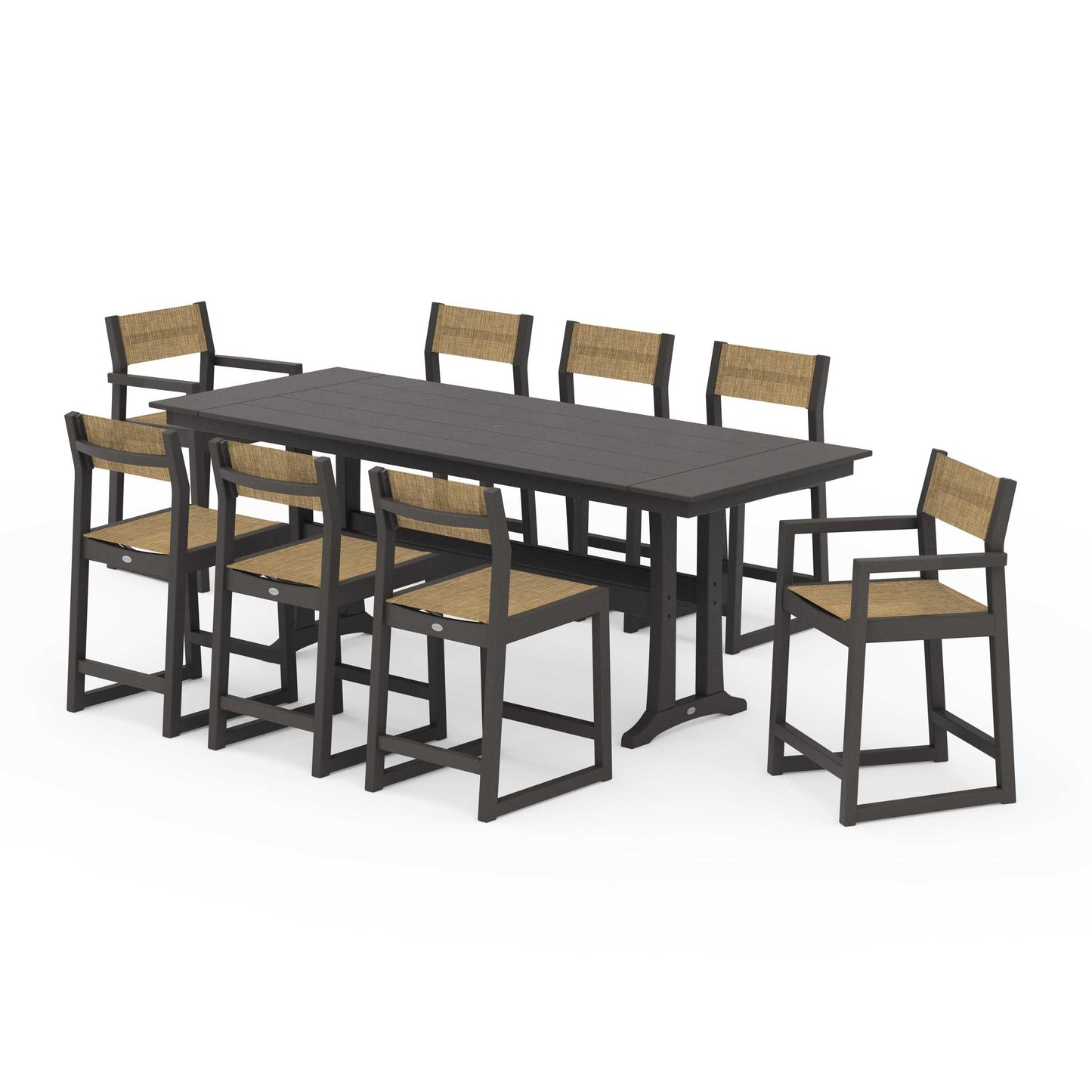 POLYWOOD EDGE Sling 9-Piece Farmhouse Counter Set with Trestle Legs — Vintage Coffee / Burlap Sling