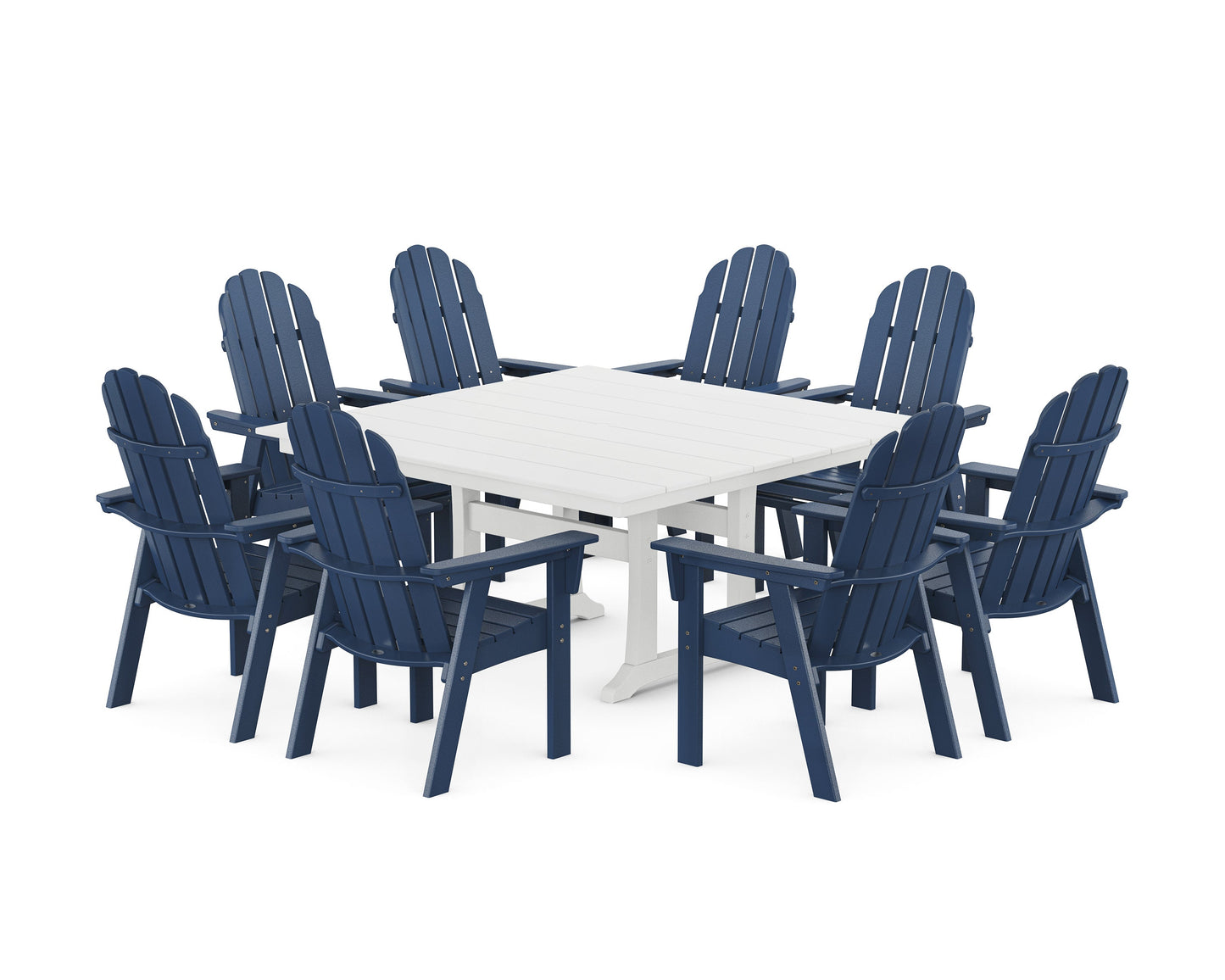 POLYWOOD Vineyard Curveback Adirondack 9-Piece Square Farmhouse Dining Set with Trestle Legs — Navy / White