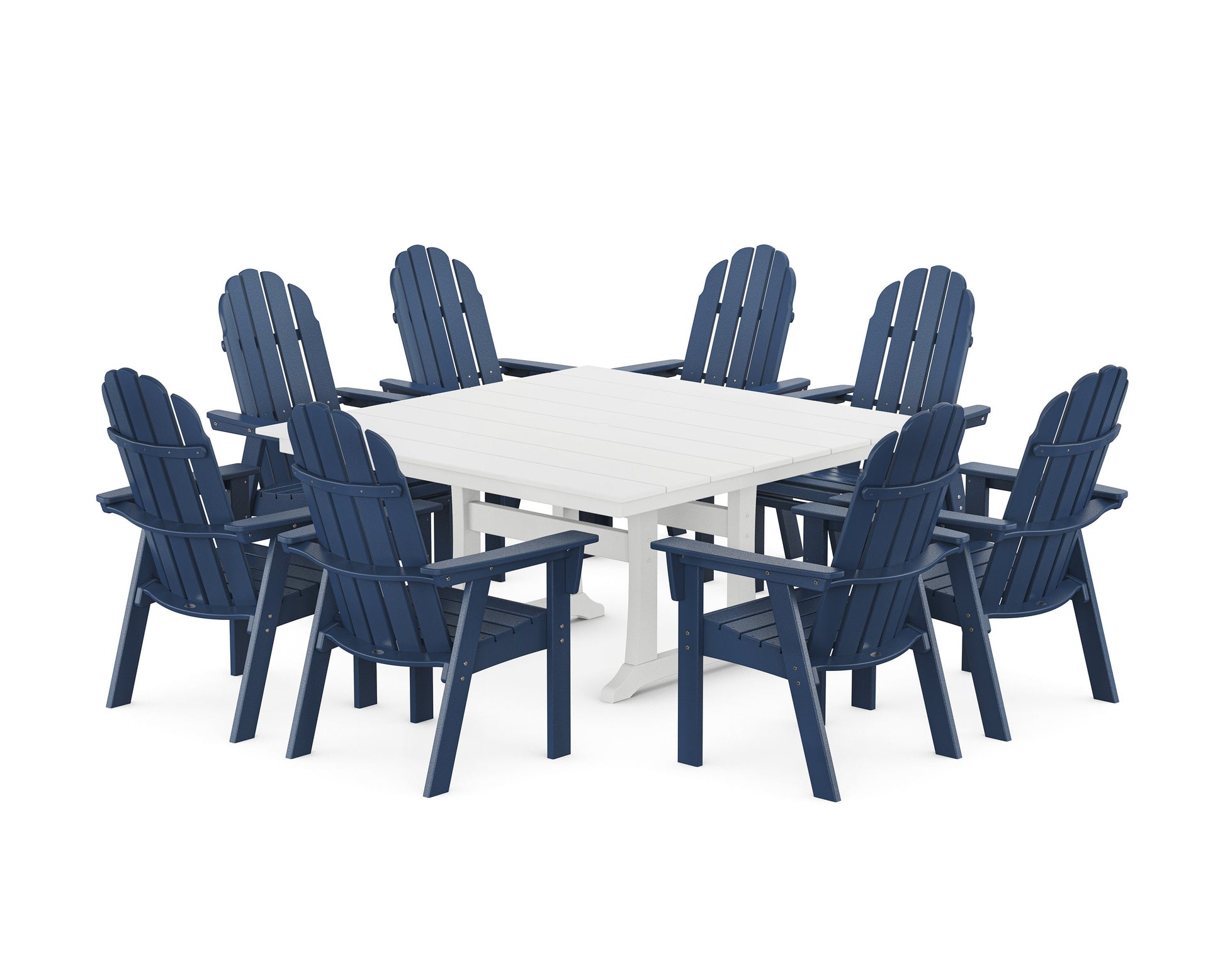 POLYWOOD Vineyard Curveback Adirondack 9-Piece Square Farmhouse Dining Set with Trestle Legs — Navy / White