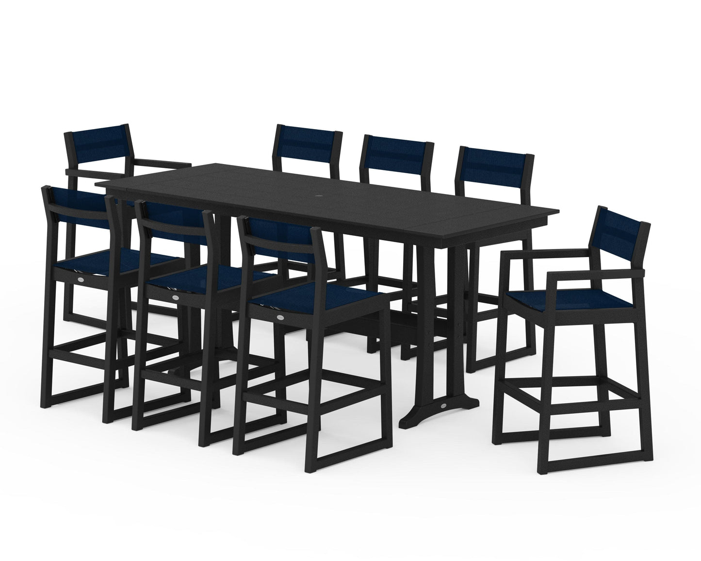 POLYWOOD EDGE Sling 9-Piece Farmhouse Bar Set with Trestle Legs — Black / Navy Blue Sling