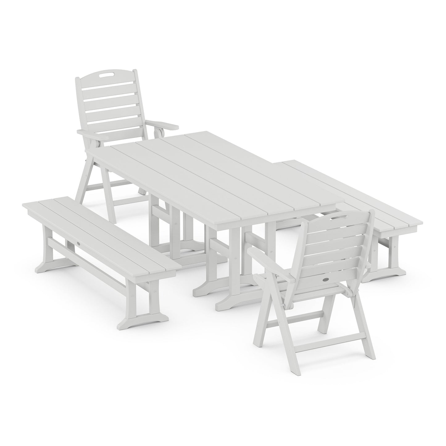 POLYWOOD Nautical Highback 5-Piece Farmhouse Dining Set with Benches — White