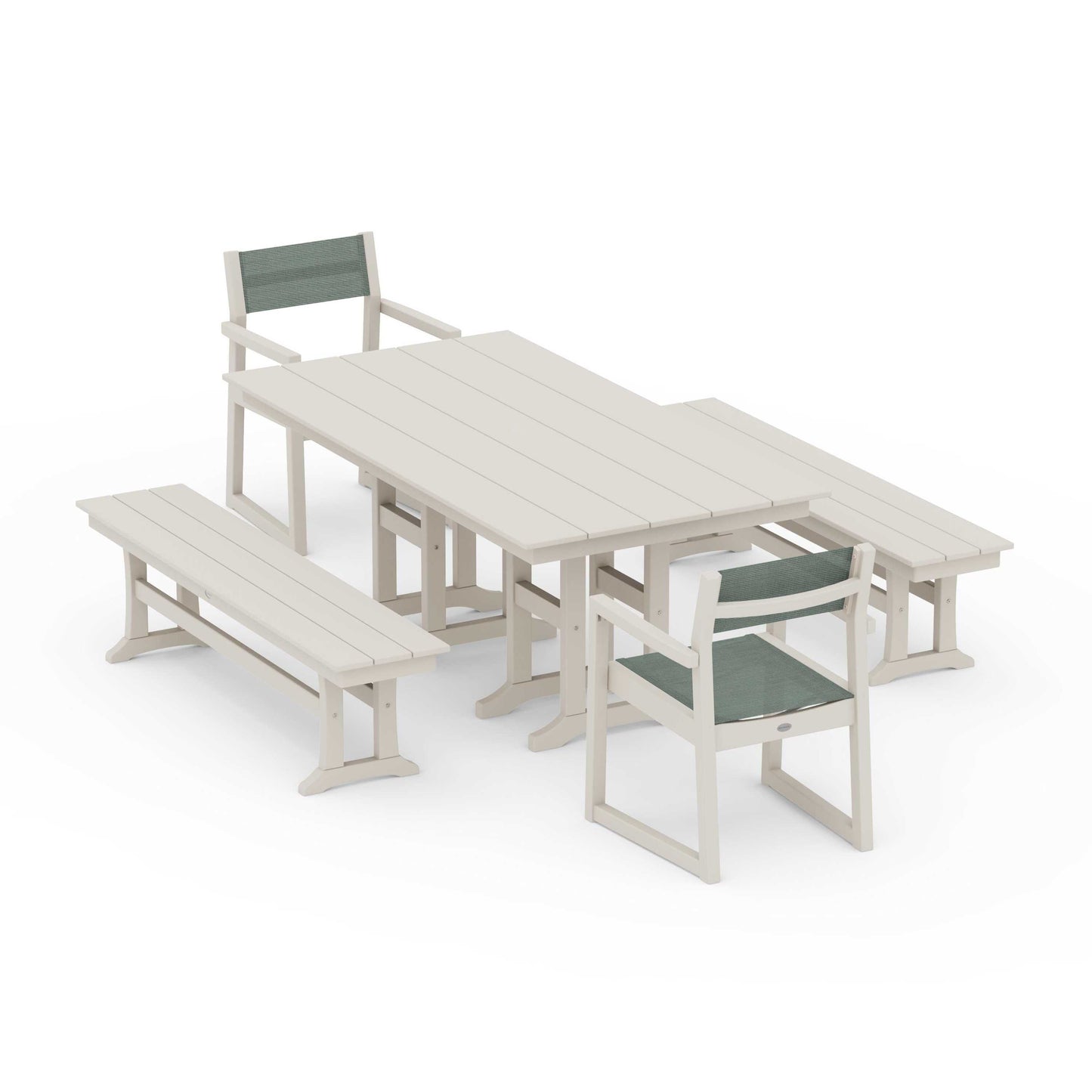 POLYWOOD EDGE Sling Arm Chair 5-Piece Farmhouse Dining Set with Benches — Sand / Dupioni Sea Mist Sling