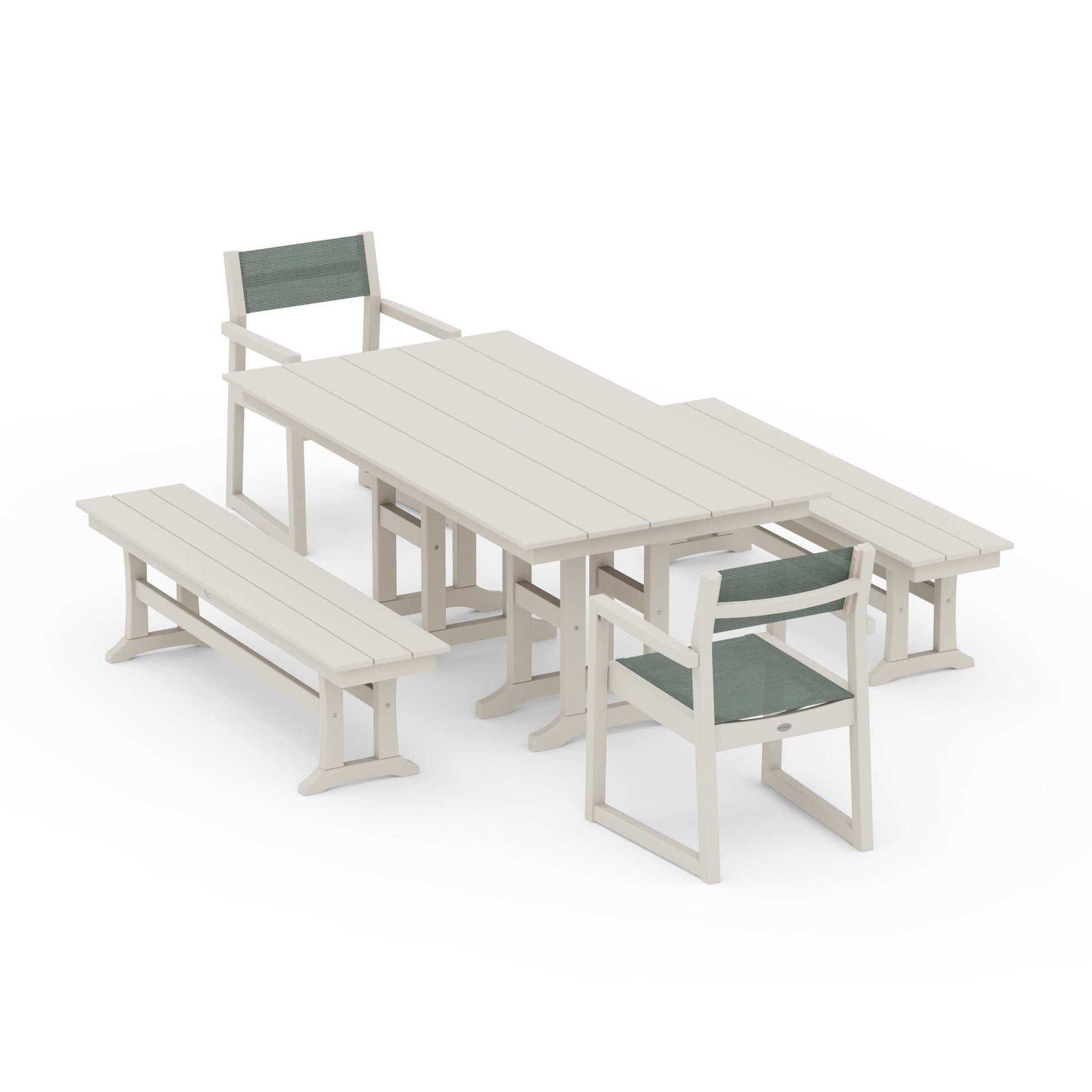 POLYWOOD EDGE Sling Arm Chair 5-Piece Farmhouse Dining Set with Benches — Sand / Dupioni Sea Mist Sling