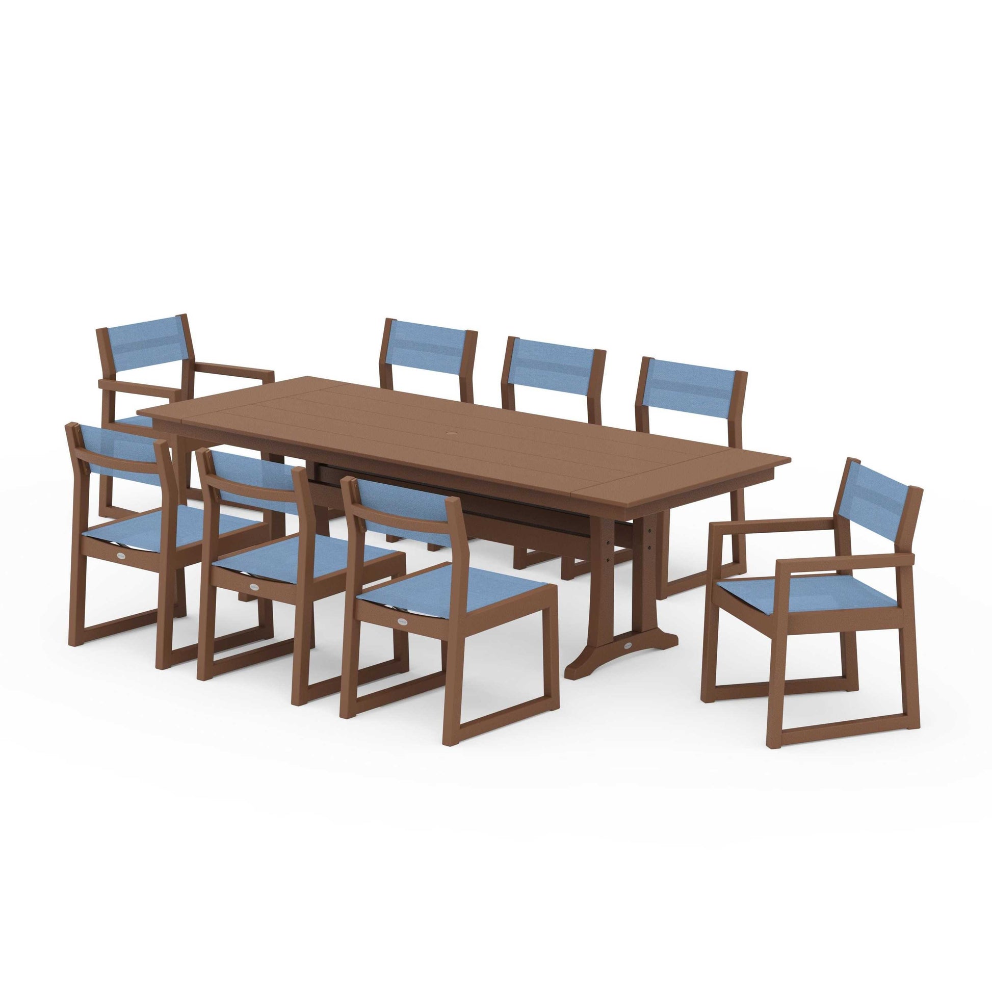 POLYWOOD EDGE Sling 9-Piece Farmhouse Trestle Dining Set — Teak / Poolside Sling