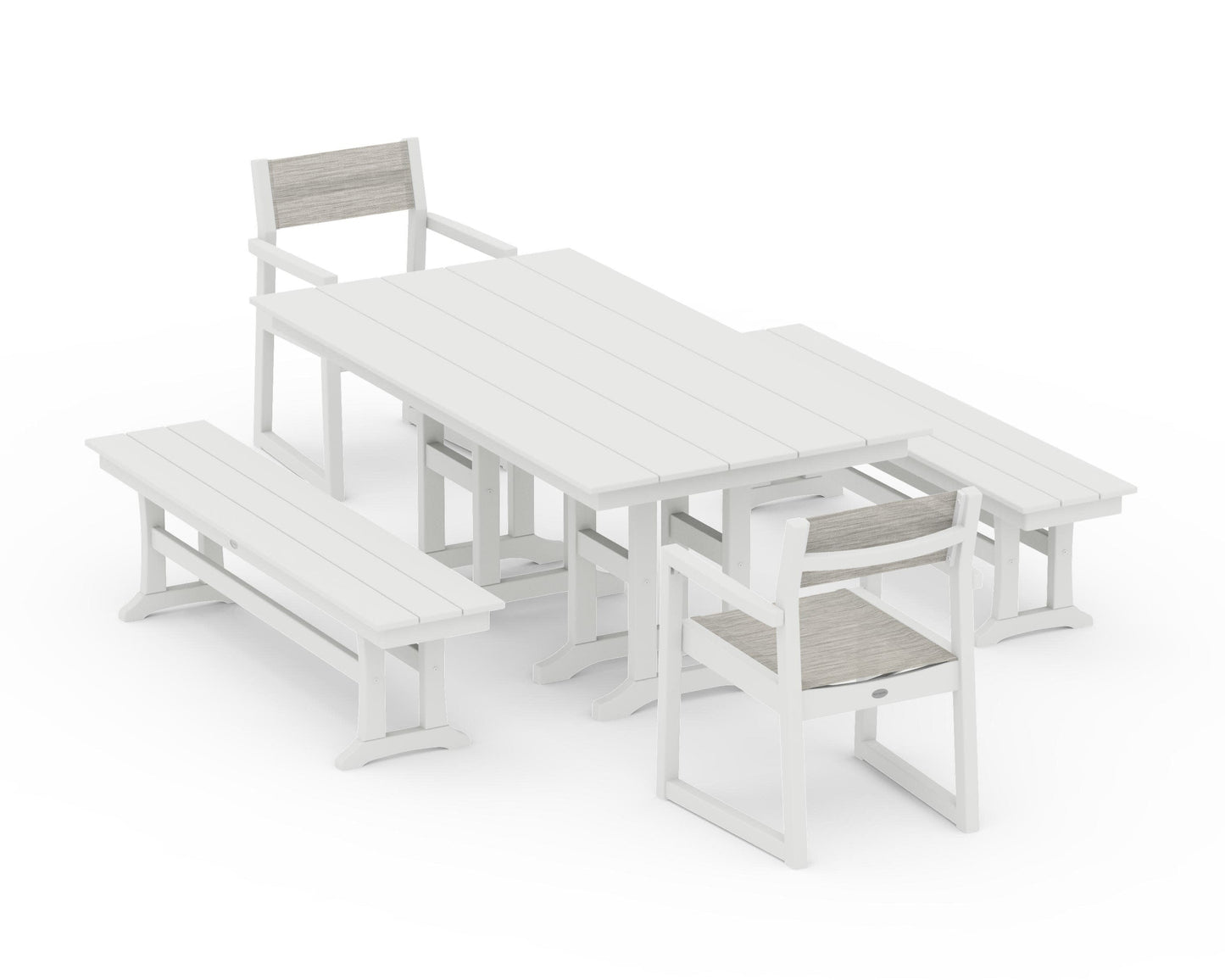 POLYWOOD EDGE Sling Arm Chair 5-Piece Farmhouse Dining Set with Benches — Vintage White / Birch Sling