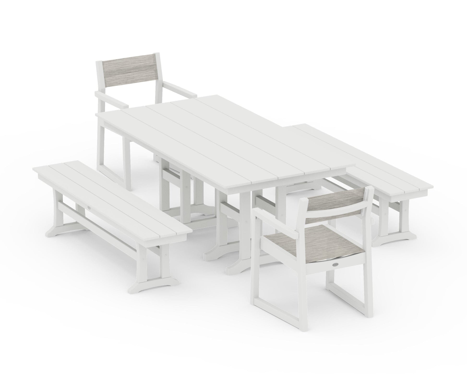 POLYWOOD EDGE Sling Arm Chair 5-Piece Farmhouse Dining Set with Benches — Vintage White / Birch Sling