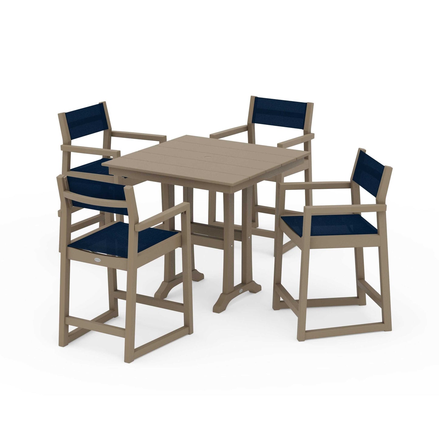 POLYWOOD EDGE Sling Arm Chair 5-Piece Farmhouse Counter Set with Trestle Legs — Vintage Sahara / Navy Blue Sling