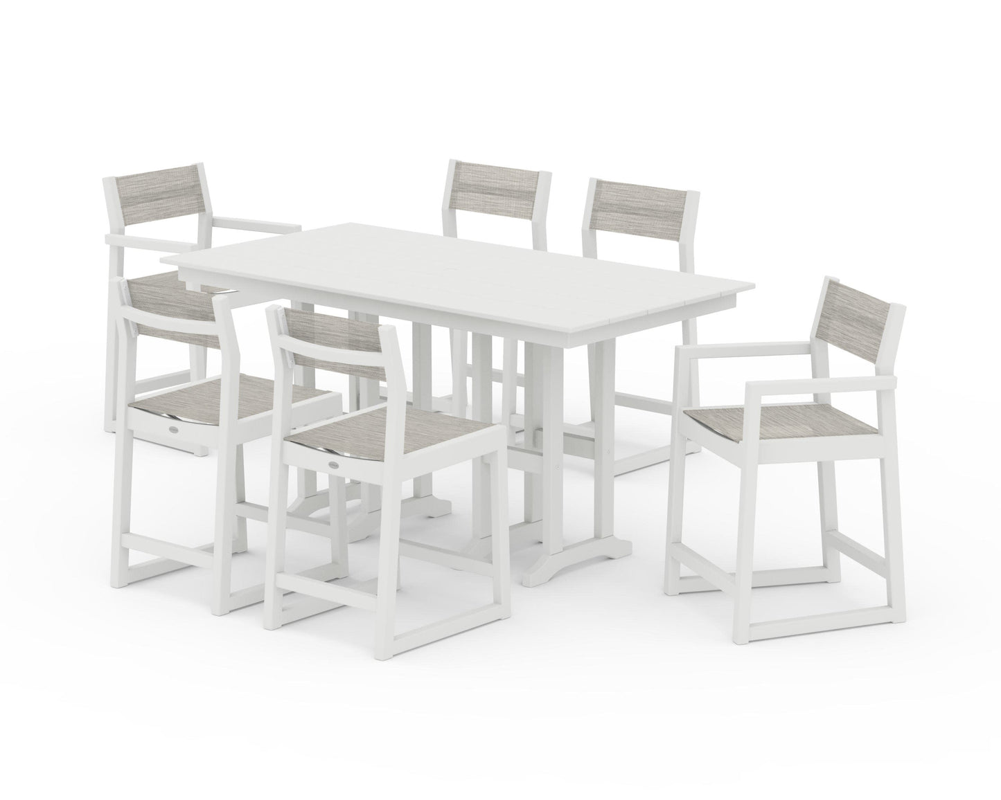 POLYWOOD EDGE Sling 7-Piece Farmhouse Counter Set with Trestle Legs — Vintage White / Birch Sling