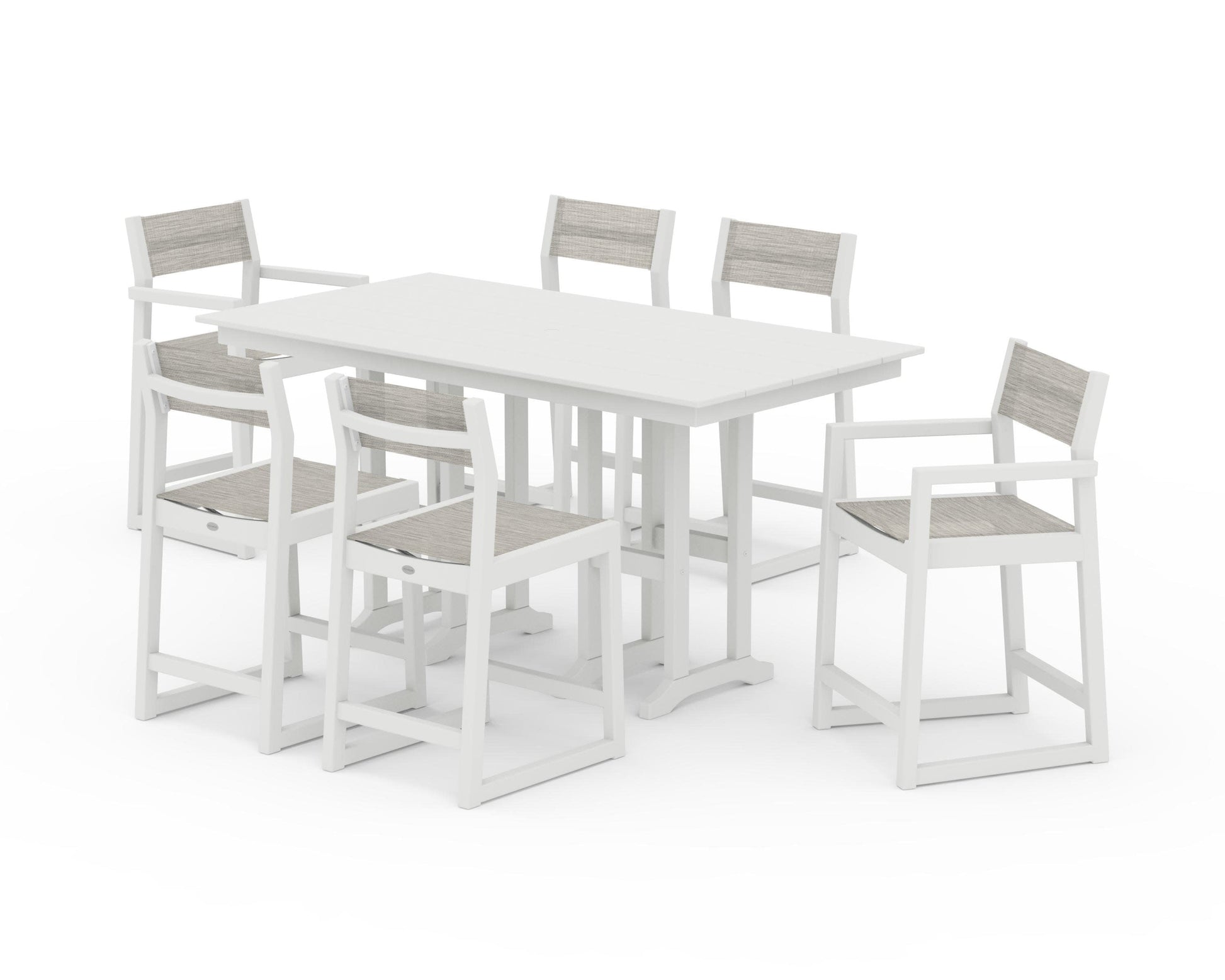 POLYWOOD EDGE Sling 7-Piece Farmhouse Counter Set with Trestle Legs — Vintage White / Birch Sling