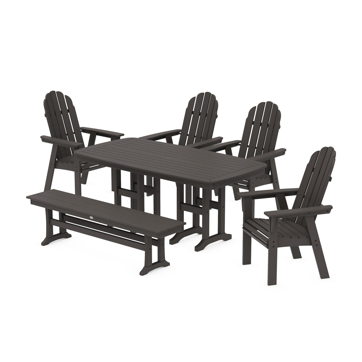 POLYWOOD Vineyard Curveback Adirondack Chair 6-Piece Dining Set with Bench — Vintage Coffee