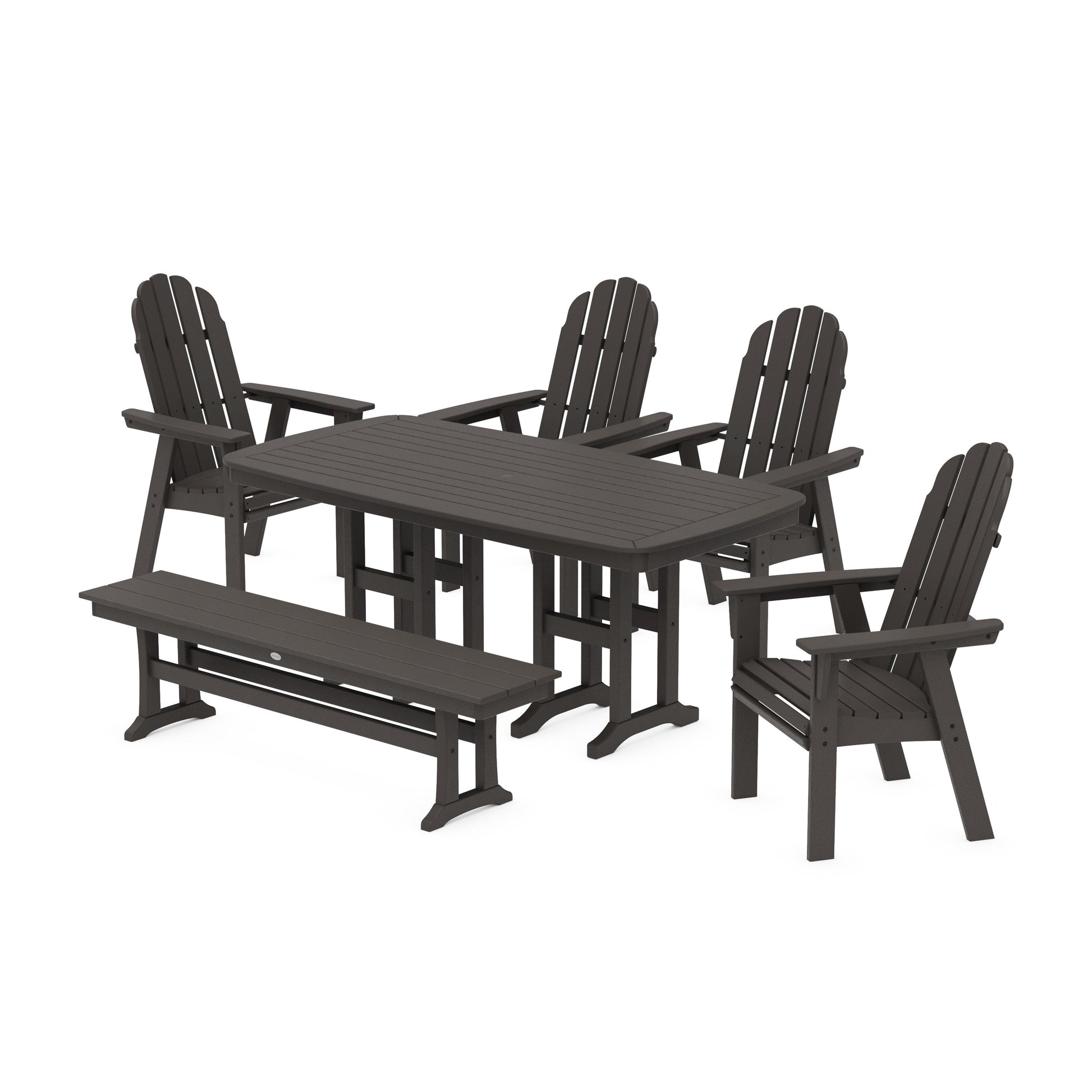 POLYWOOD Vineyard Curveback Adirondack Chair 6-Piece Dining Set with Bench — Vintage Coffee