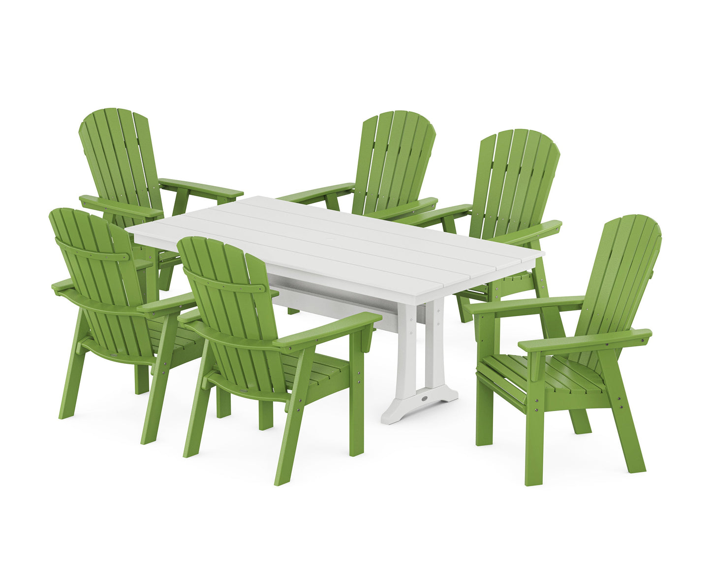 POLYWOOD Nautical Curveback Adirondack 7-Piece Farmhouse Dining Set with Trestle Legs — Lime / White