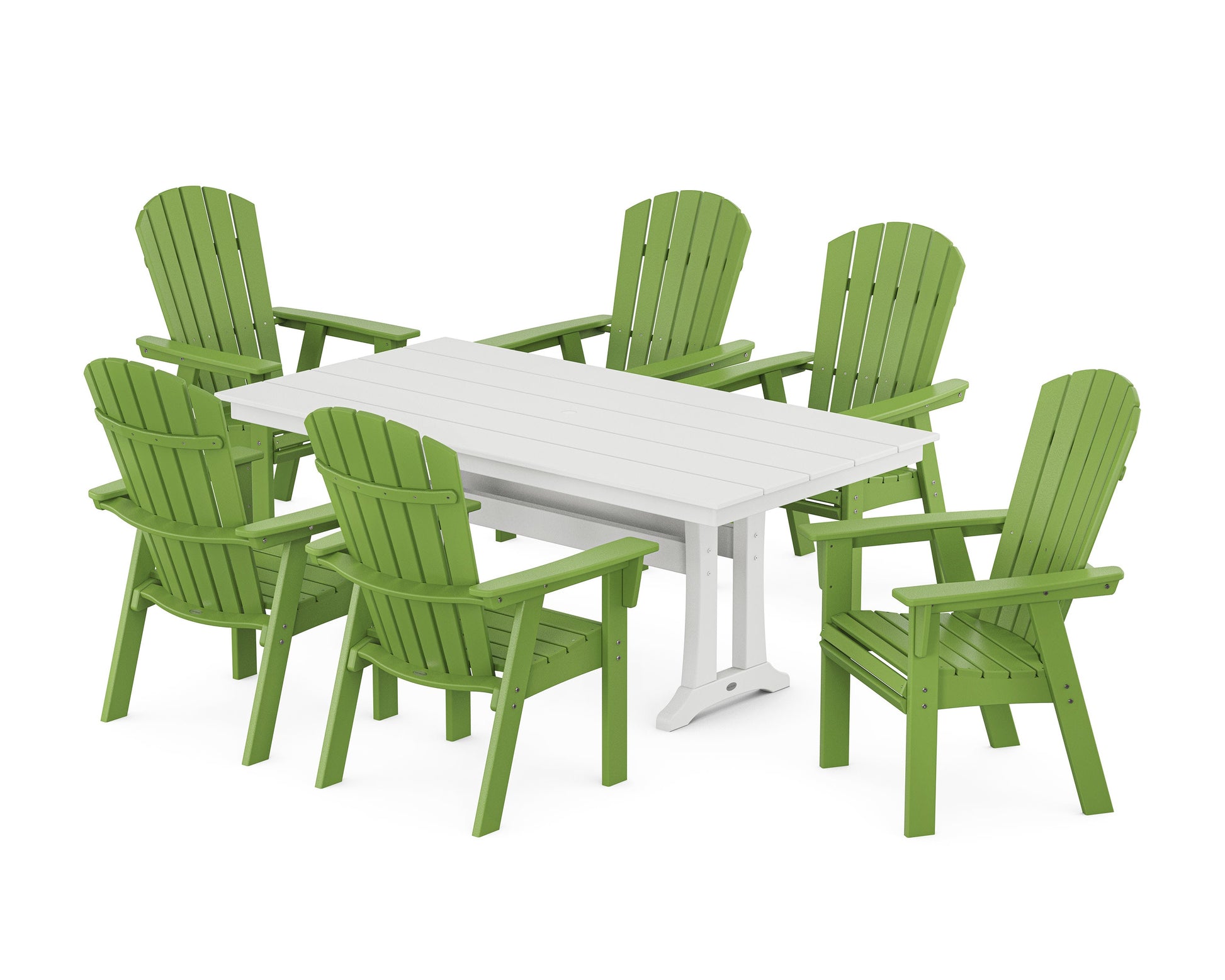 POLYWOOD Nautical Curveback Adirondack 7-Piece Farmhouse Dining Set with Trestle Legs — Lime / White