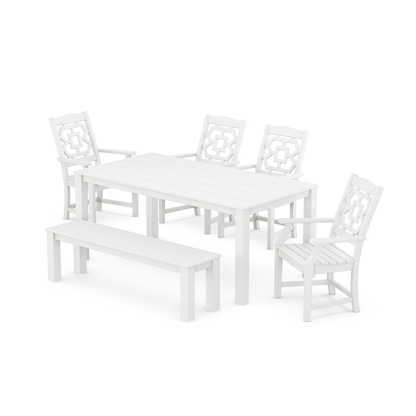 POLYWOOD Chinoiserie 6-Piece Parsons Dining Set with Bench — White