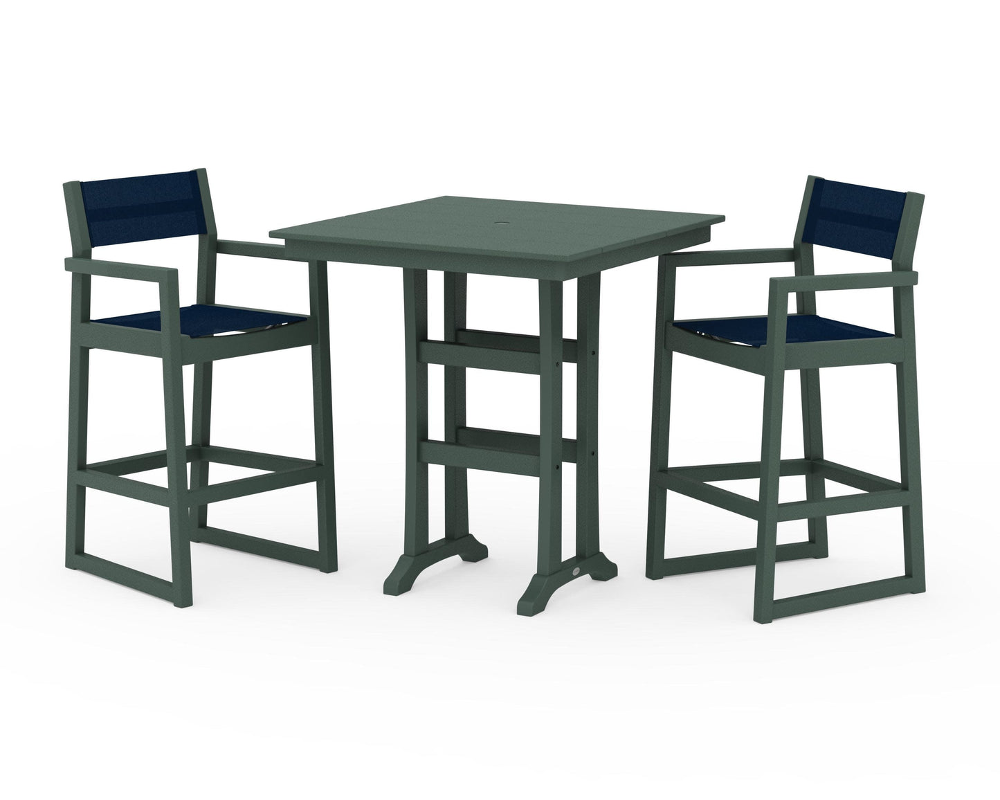 POLYWOOD EDGE Sling Arm Chair 3-Piece Farmhouse Bar Set with Trestle Legs — Green / Navy Blue Sling