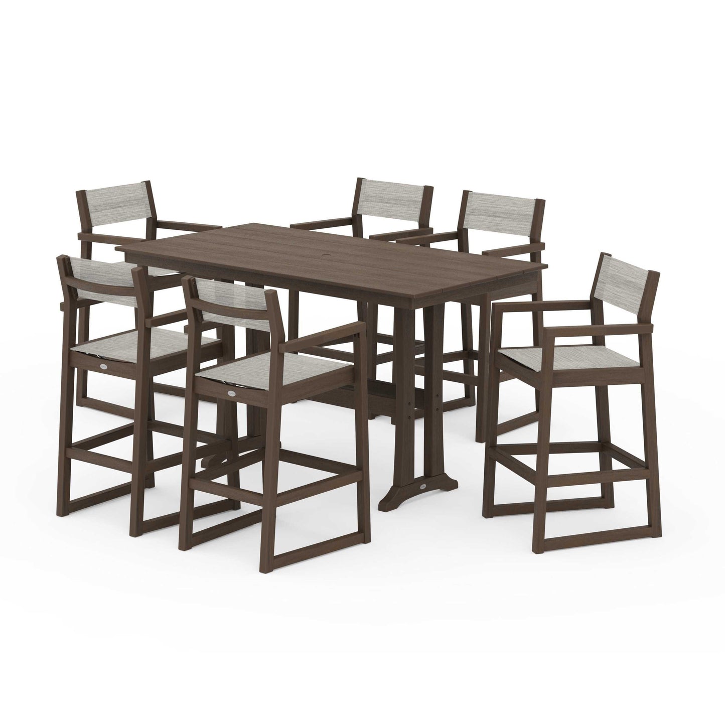 POLYWOOD EDGE Sling Arm Chair 7-Piece Farmhouse Bar Set with Trestle Legs — Kona / Birch Sling
