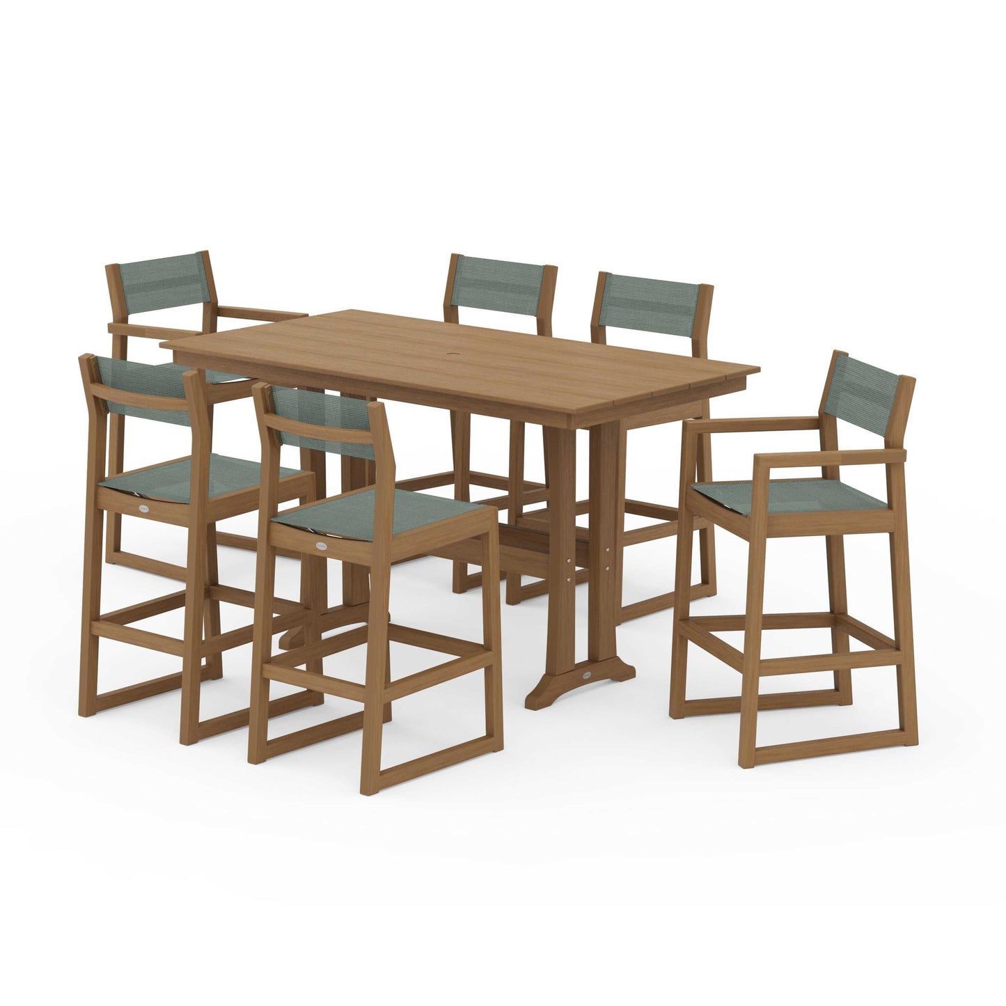 POLYWOOD EDGE Sling 7-Piece Farmhouse Bar Set with Trestle Legs — Natural / Dupioni Sea Mist Sling