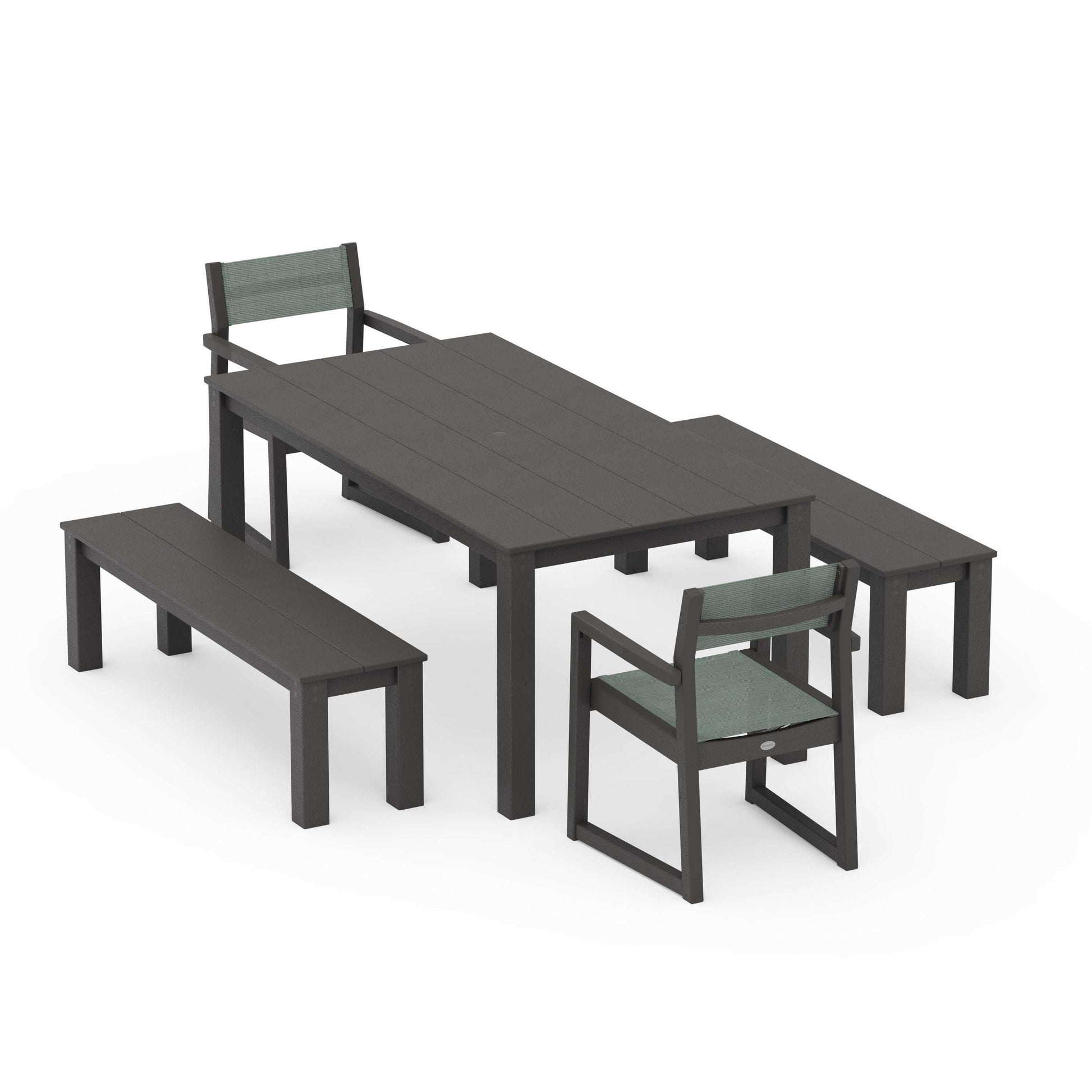 POLYWOOD EDGE Sling Arm Chair 5-Piece Parsons Dining Set with Benches — Vintage Coffee / Dupioni Sea Mist Sling