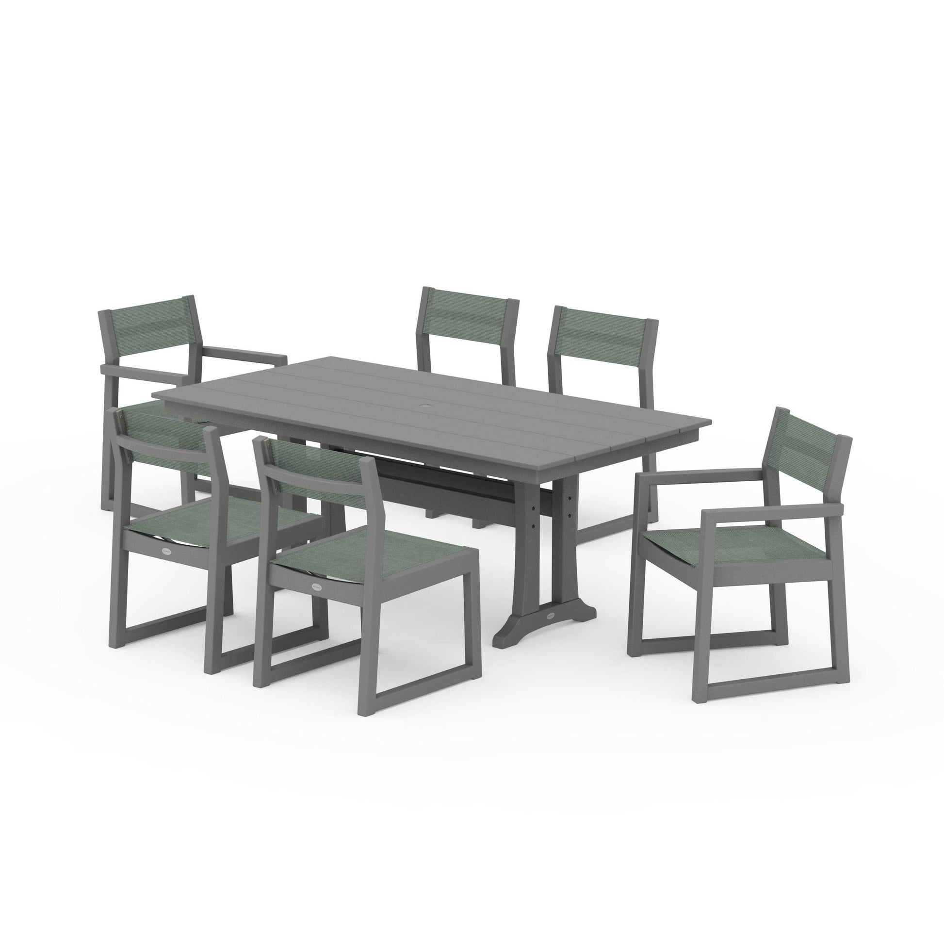 POLYWOOD EDGE Sling 7-Piece Farmhouse Trestle Dining Set — Slate Grey / Dupioni Sea Mist Sling