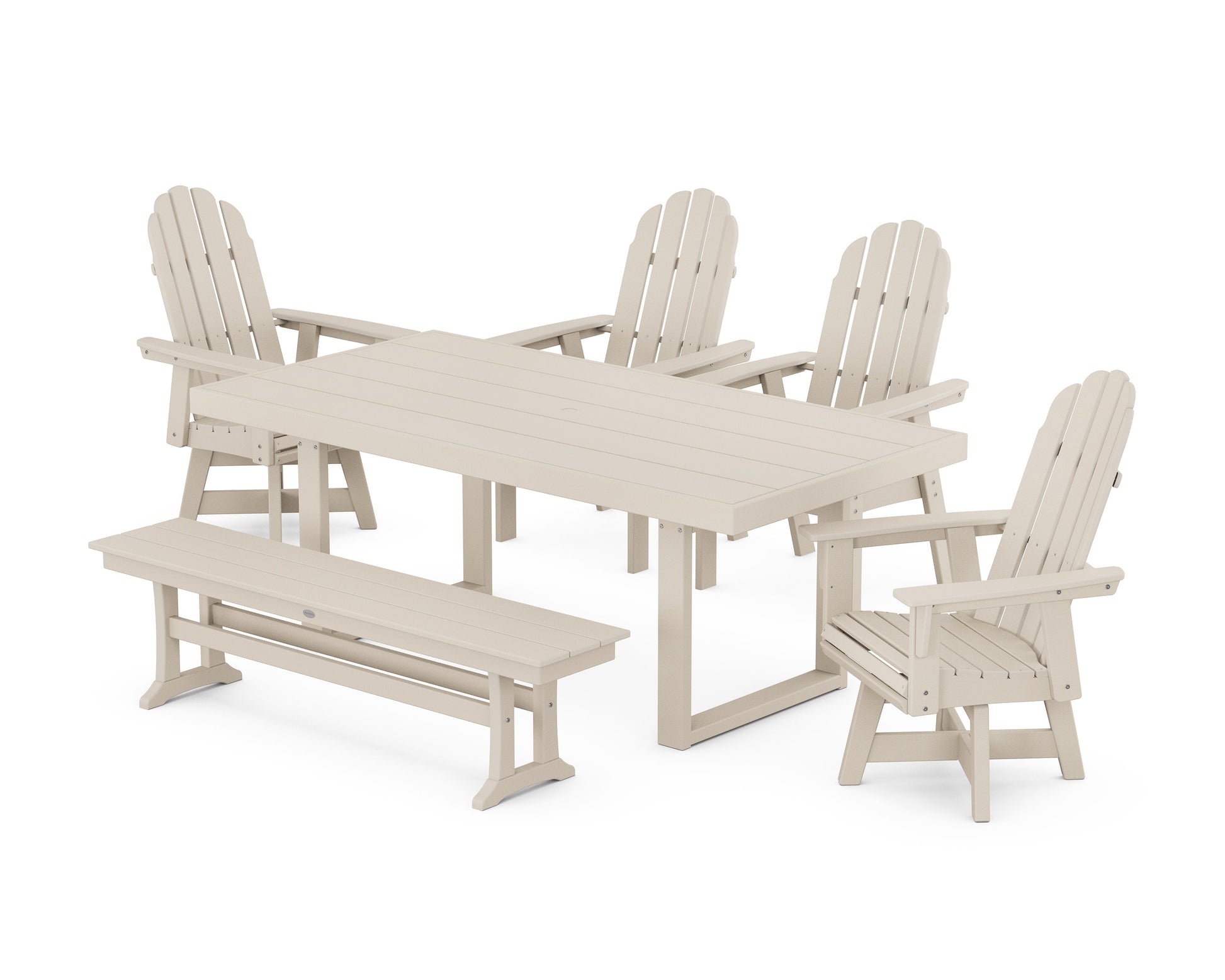 POLYWOOD Vineyard Curveback Adirondack Swivel Chair 6-Piece Dining Set with Bench — Sand