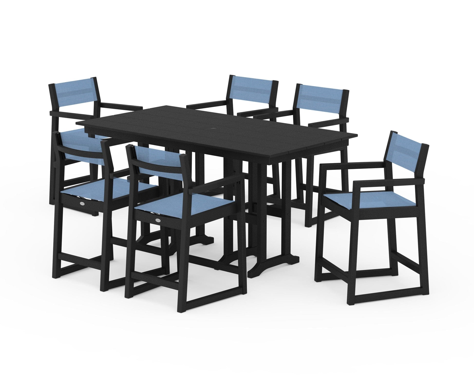 POLYWOOD EDGE Sling Arm Chair 7-Piece Farmhouse Counter Set — Black / Poolside Sling