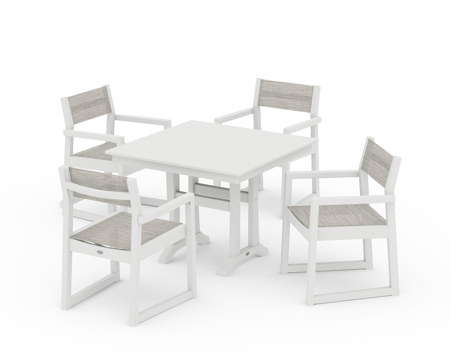 POLYWOOD EDGE Sling 5-Piece Farmhouse Dining Set with Trestle Legs — Vintage White / Birch Sling