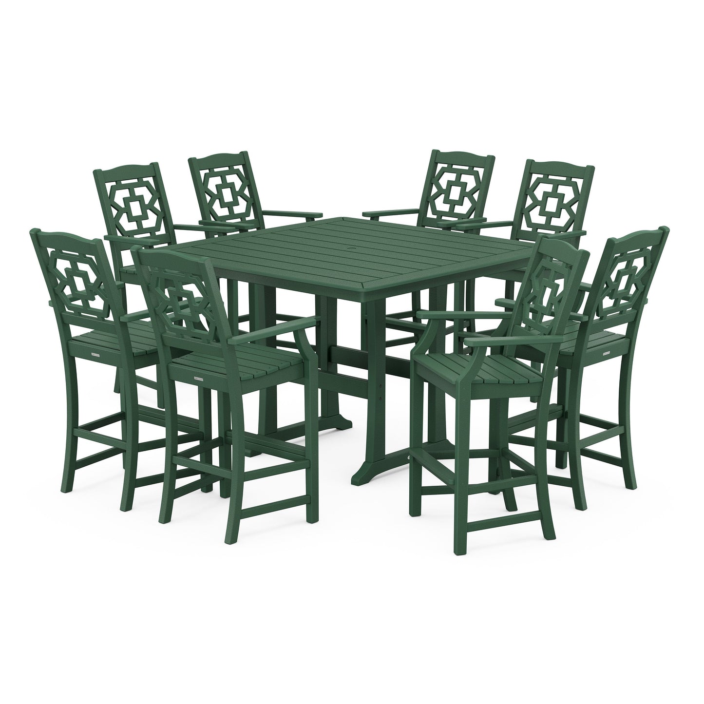 POLYWOOD Chinoiserie 9-Piece Square Bar Set with Trestle Legs — Green