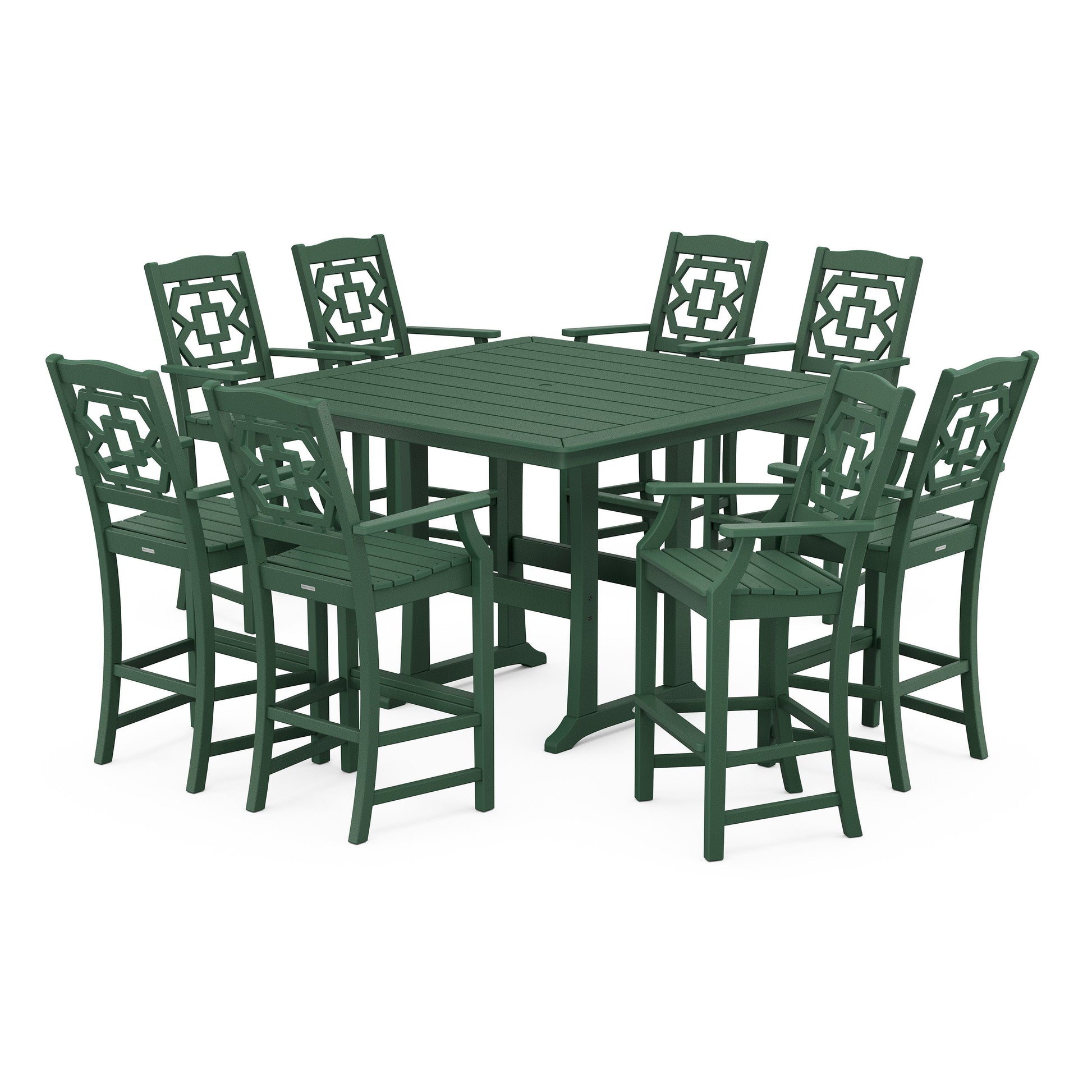 POLYWOOD Chinoiserie 9-Piece Square Bar Set with Trestle Legs — Green