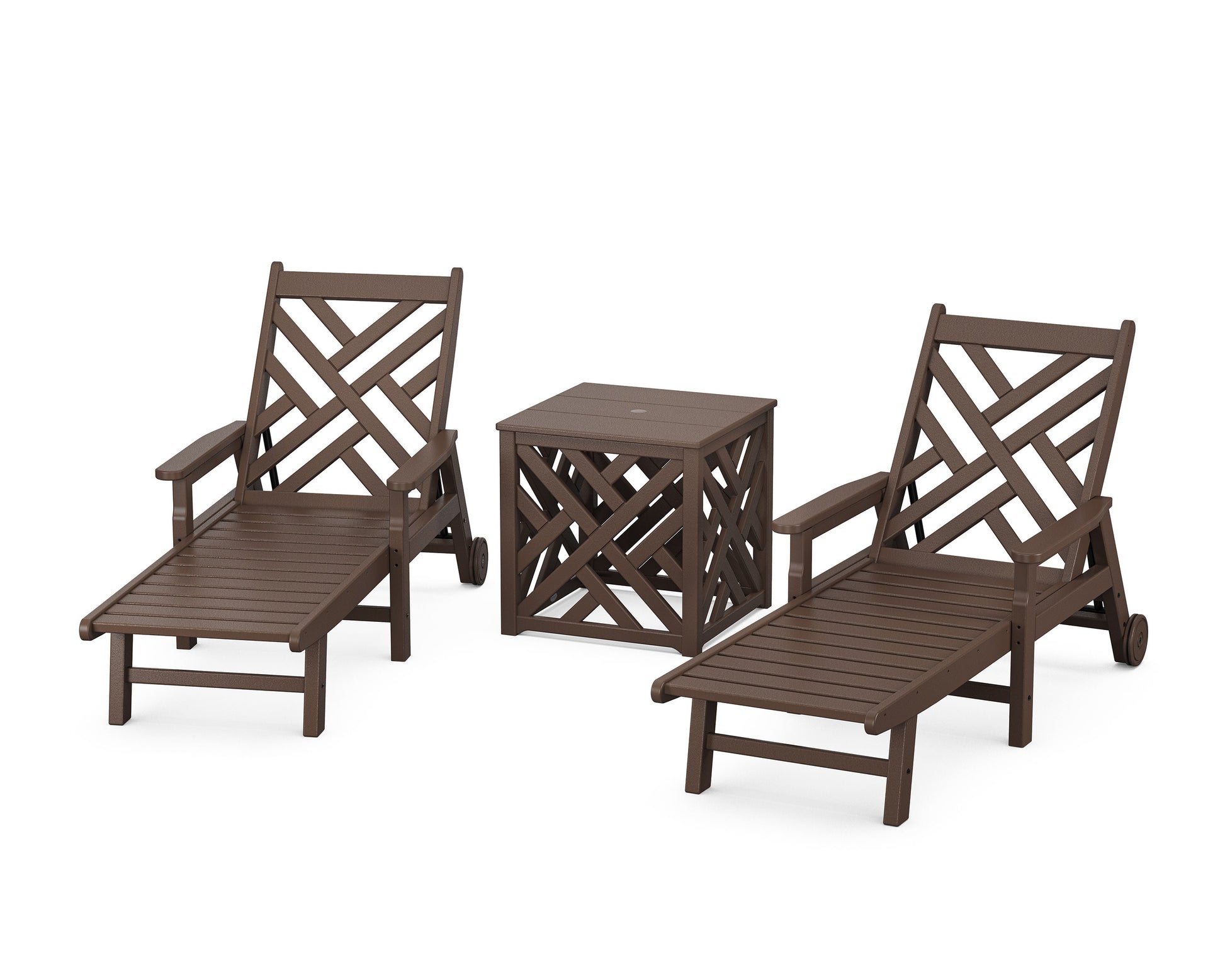 POLYWOOD Chippendale 3-Piece Chaise Set with Umbrella Stand Accent Table — Mahogany