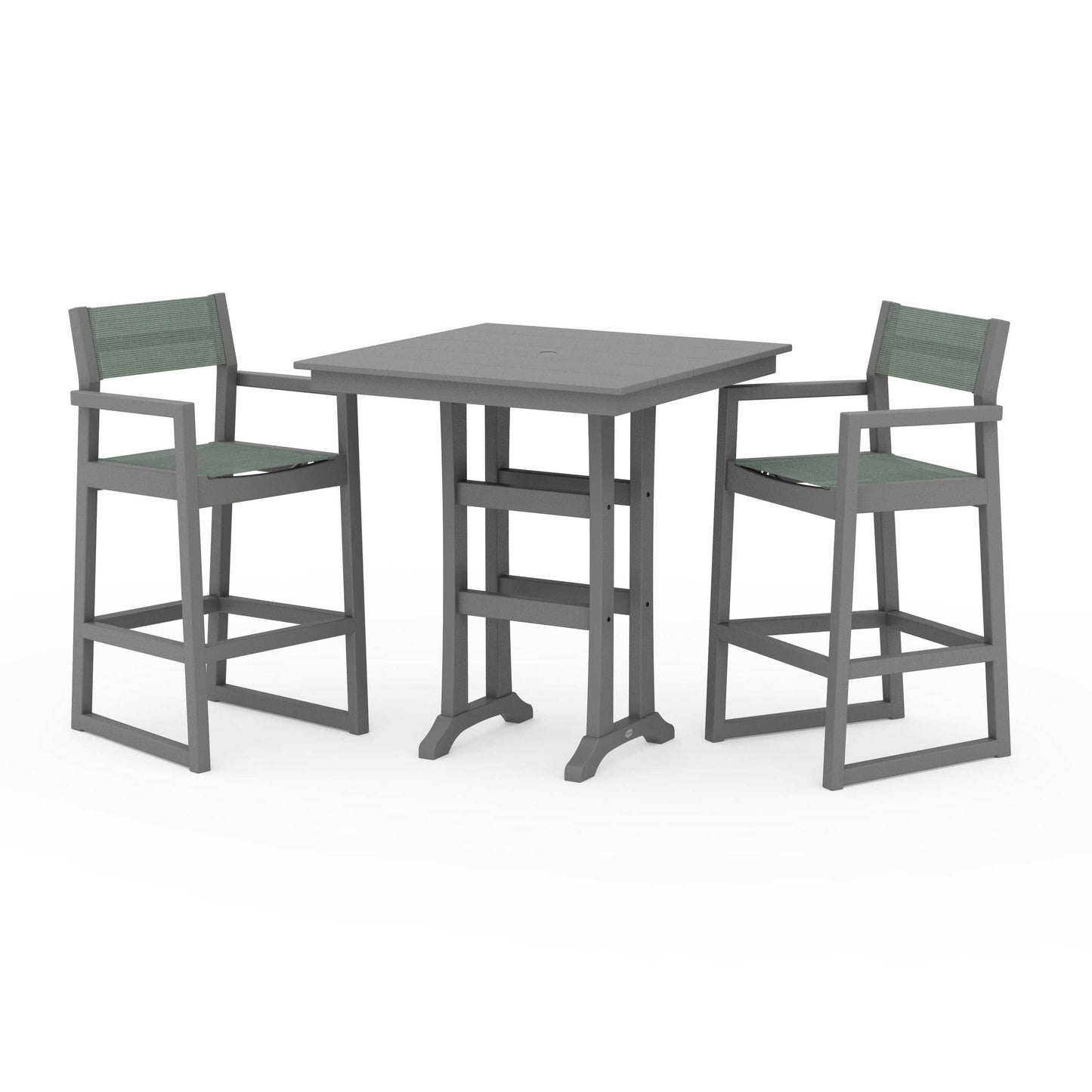 POLYWOOD EDGE Sling Arm Chair 3-Piece Farmhouse Bar Set with Trestle Legs — Slate Grey / Dupioni Sea Mist Sling