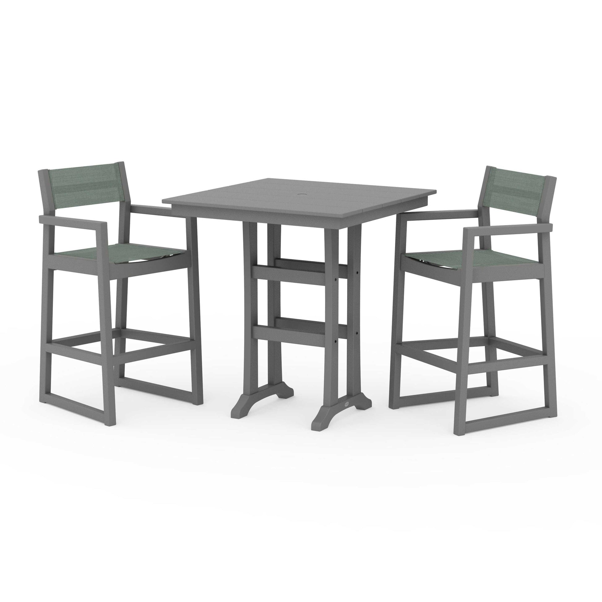 POLYWOOD EDGE Sling Arm Chair 3-Piece Farmhouse Bar Set with Trestle Legs — Slate Grey / Dupioni Sea Mist Sling