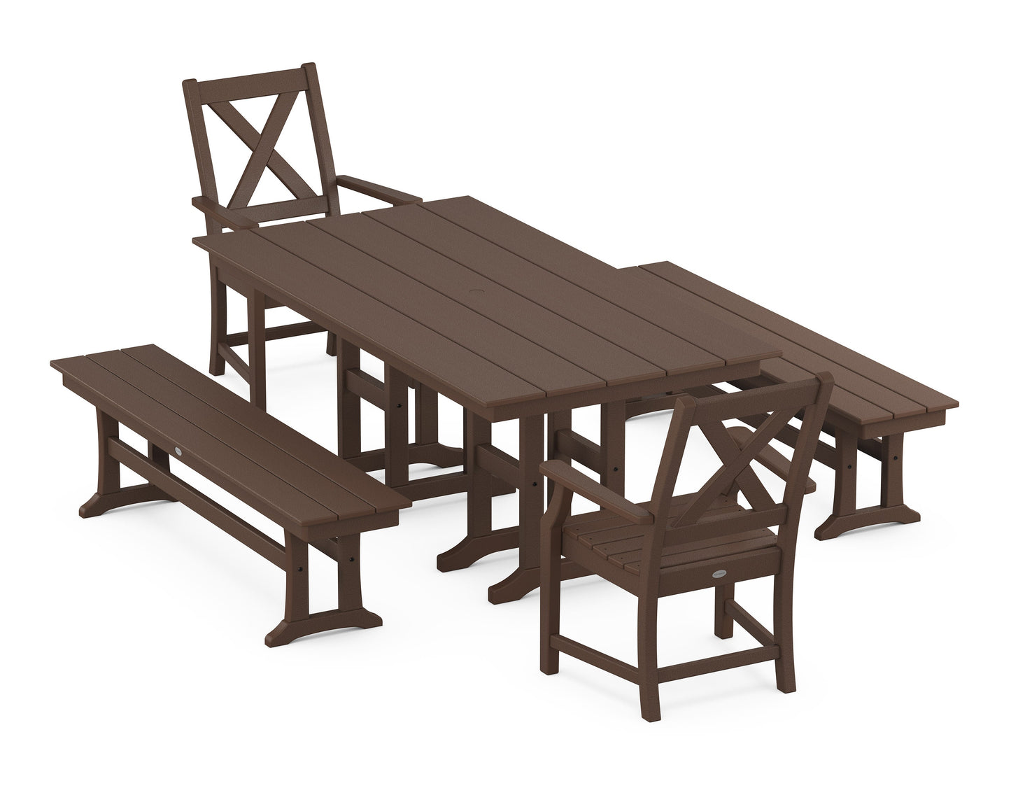 POLYWOOD Braxton 5-Piece Farmhouse Dining Set with Benches — Mahogany