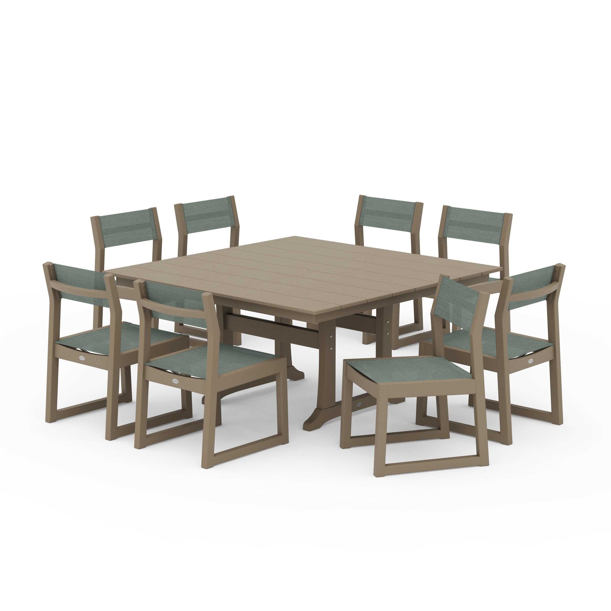 POLYWOOD EDGE Sling Side Chair 9-Piece Farmhouse Trestle Dining Set — Vintage Sahara / Dupioni Sea Mist Sling